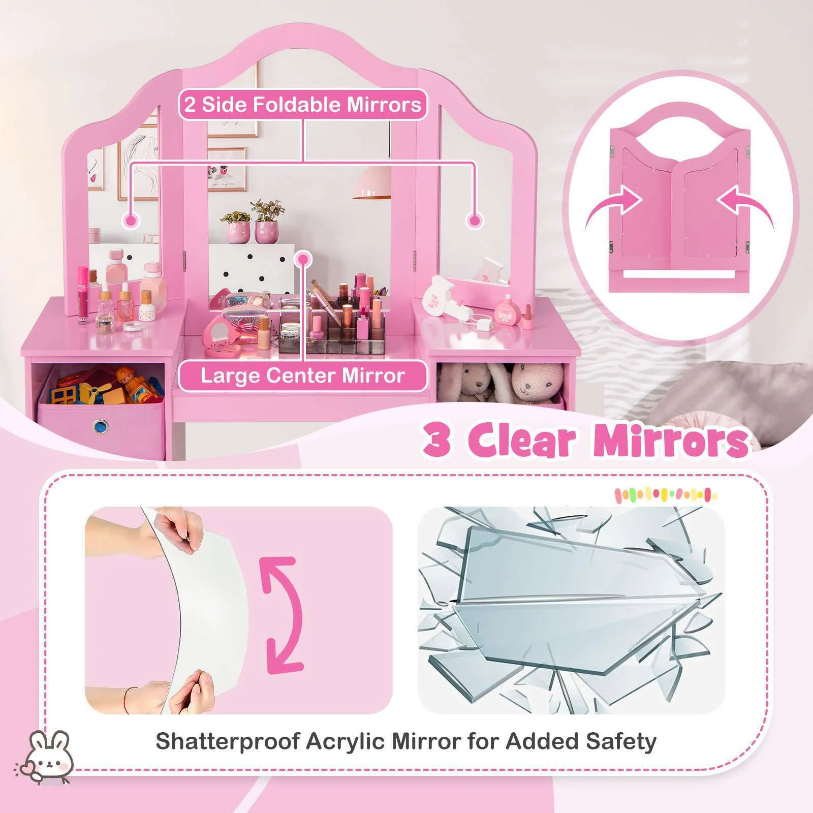 HONEY JOY 2 in 1 Kids Vanity Dressing Table Chair Makeup Tri-fold Mirror Shelves - Image 7