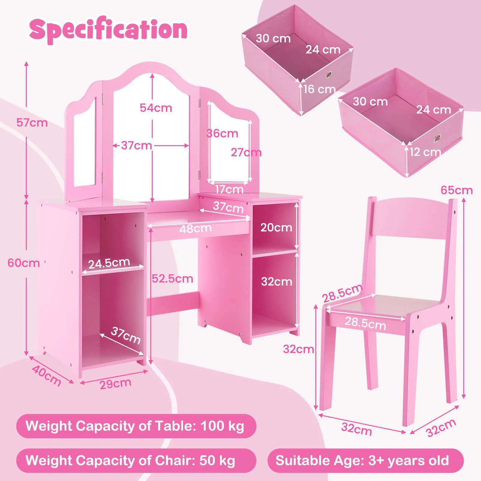 HONEY JOY 2 in 1 Kids Vanity Dressing Table Chair Makeup Tri-fold Mirror Shelves - Image 8