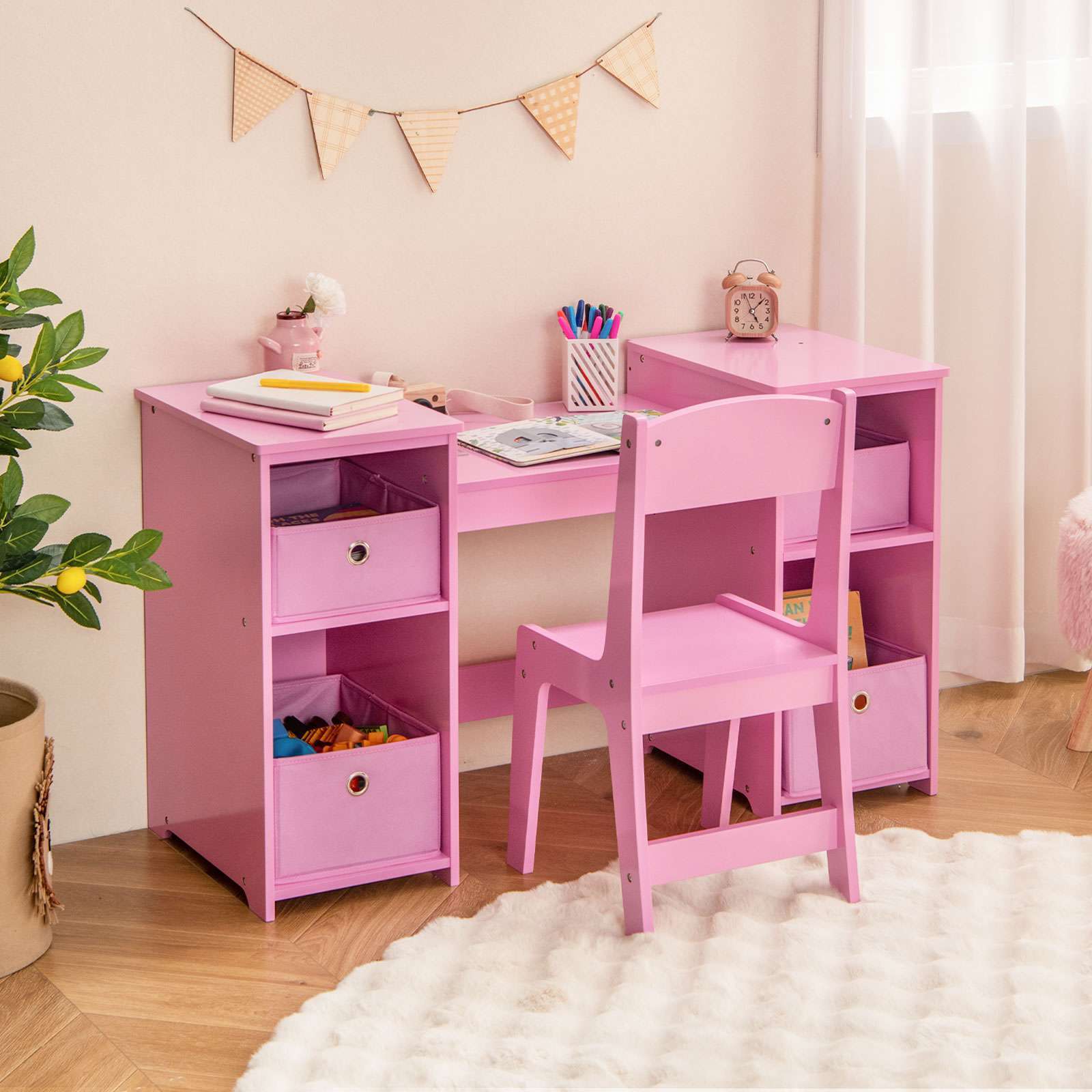 HONEY JOY 2 in 1 Kids Vanity Dressing Table Chair Makeup Tri-fold Mirror Shelves - Image 9