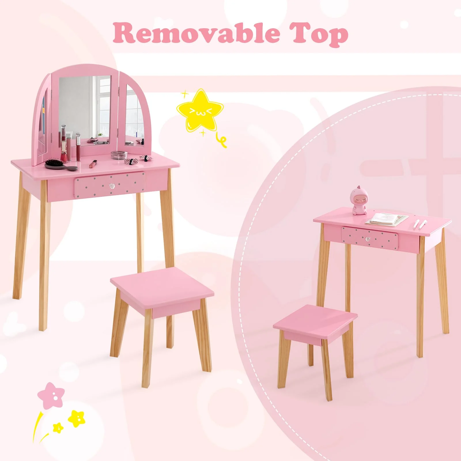 HONEY JOY 2-in-1 Kids' Vanity Set, Kids Wooden Vanity Table & Stool with Tri-Folding Mirror, Single Drawer - Image 2