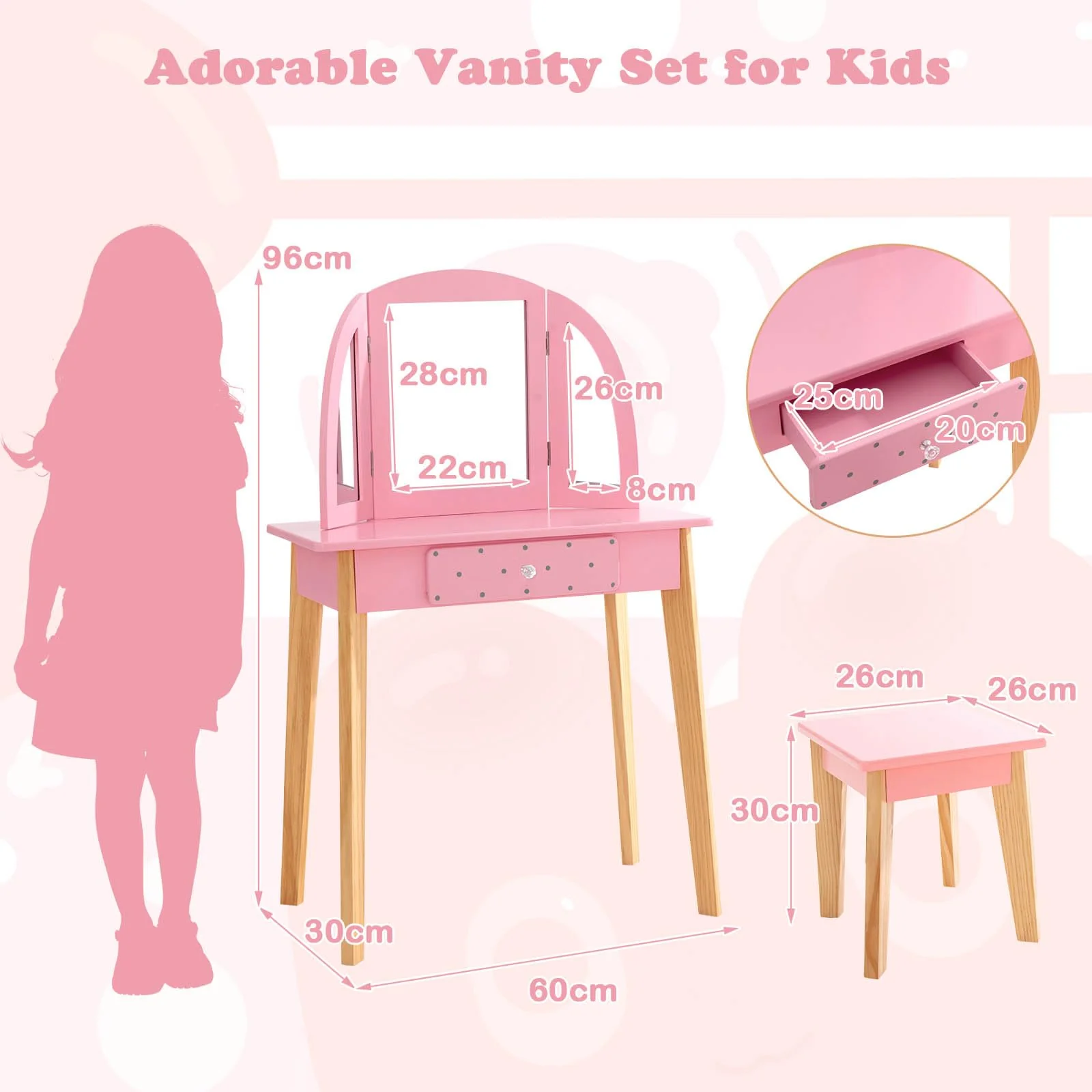 HONEY JOY 2-in-1 Kids' Vanity Set, Kids Wooden Vanity Table & Stool with Tri-Folding Mirror, Single Drawer - Image 7