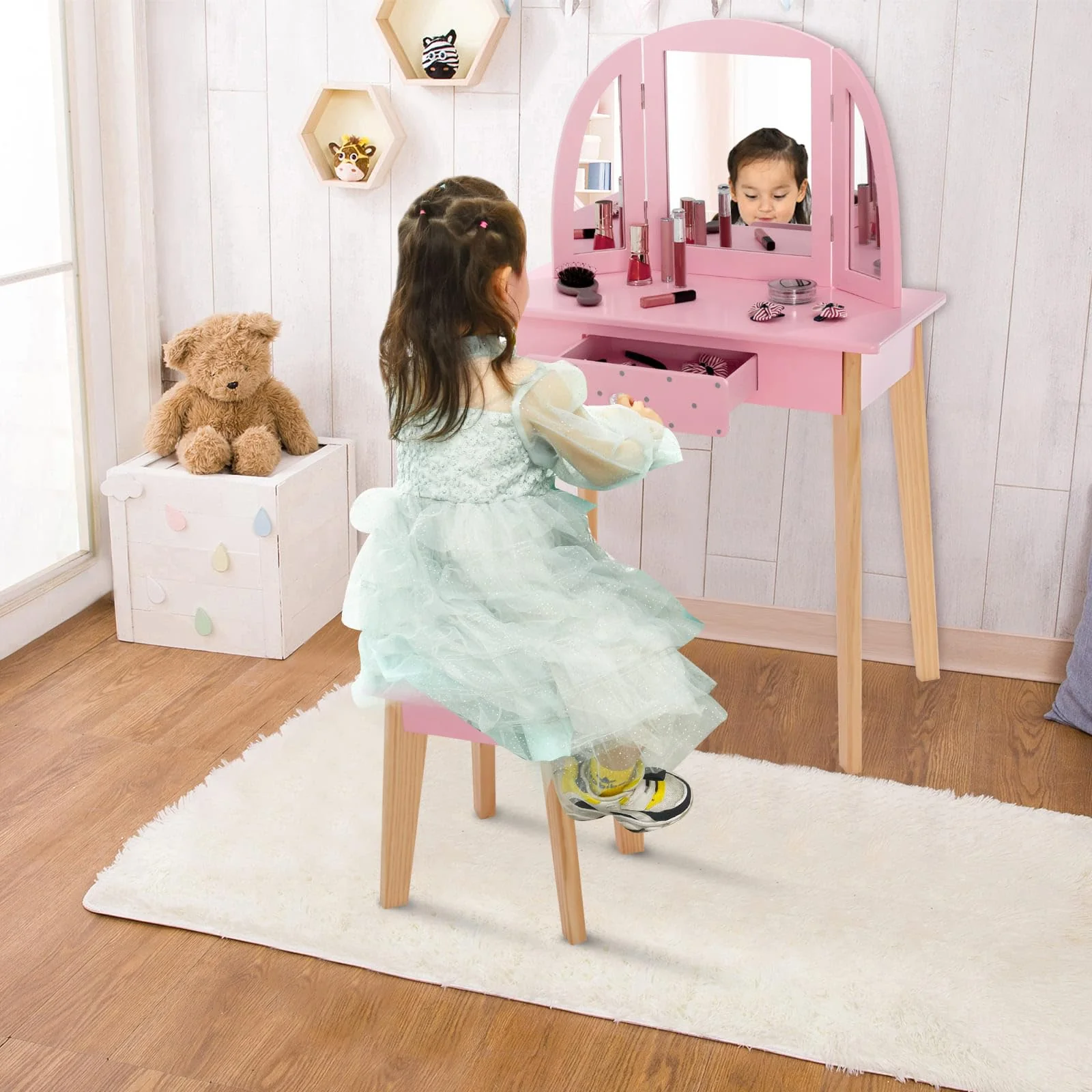 HONEY JOY 2-in-1 Kids' Vanity Set, Kids Wooden Vanity Table & Stool with Tri-Folding Mirror, Single Drawer - Image 9