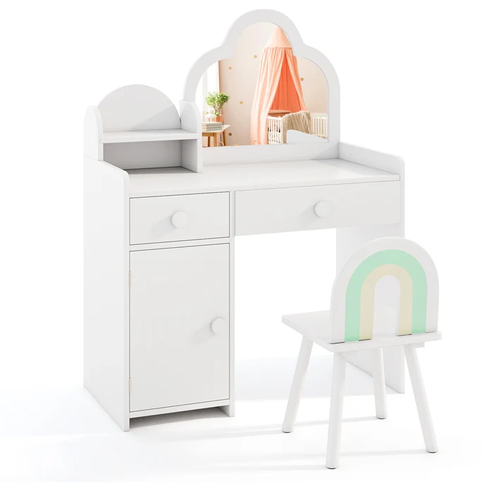 HONEY JOY 2-in-1 Kids Vanity Set w/Mirror, Princess Makeup Table w/Detachable Top, Chair - Image 10