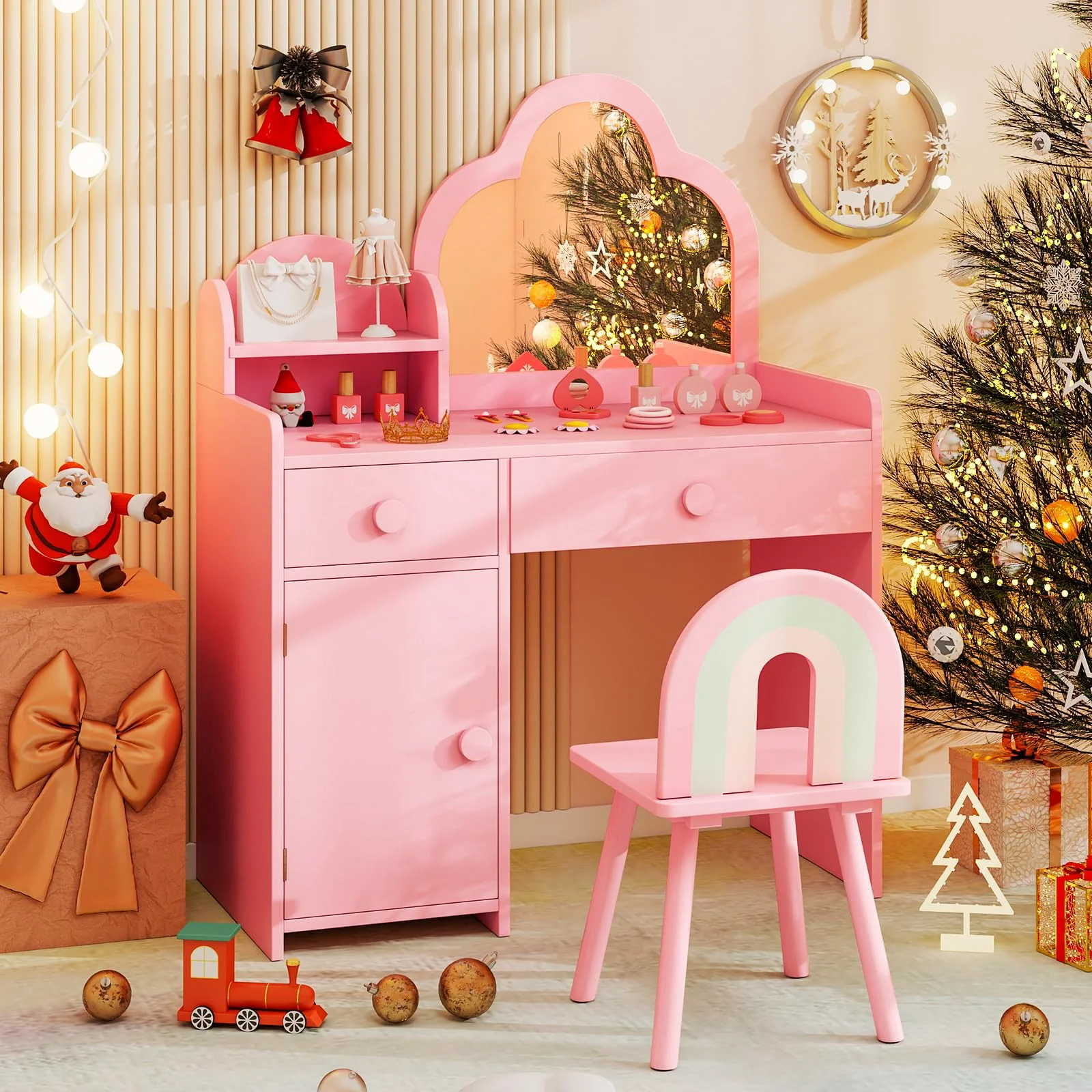HONEY JOY 2-in-1 Kids Vanity Set w/Mirror, Princess Makeup Table w/Detachable Top, Chair - Image 2