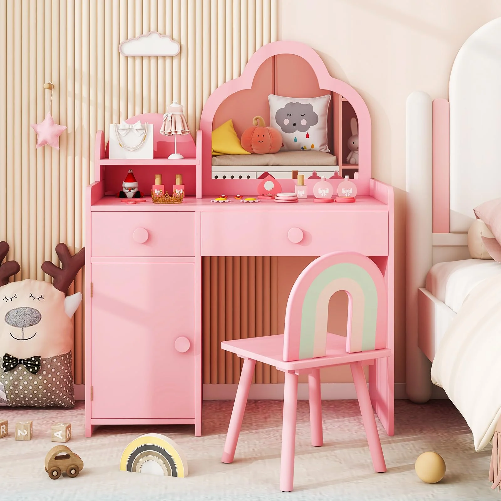 HONEY JOY 2-in-1 Kids Vanity Set w/Mirror, Princess Makeup Table w/Detachable Top, Chair - Image 3