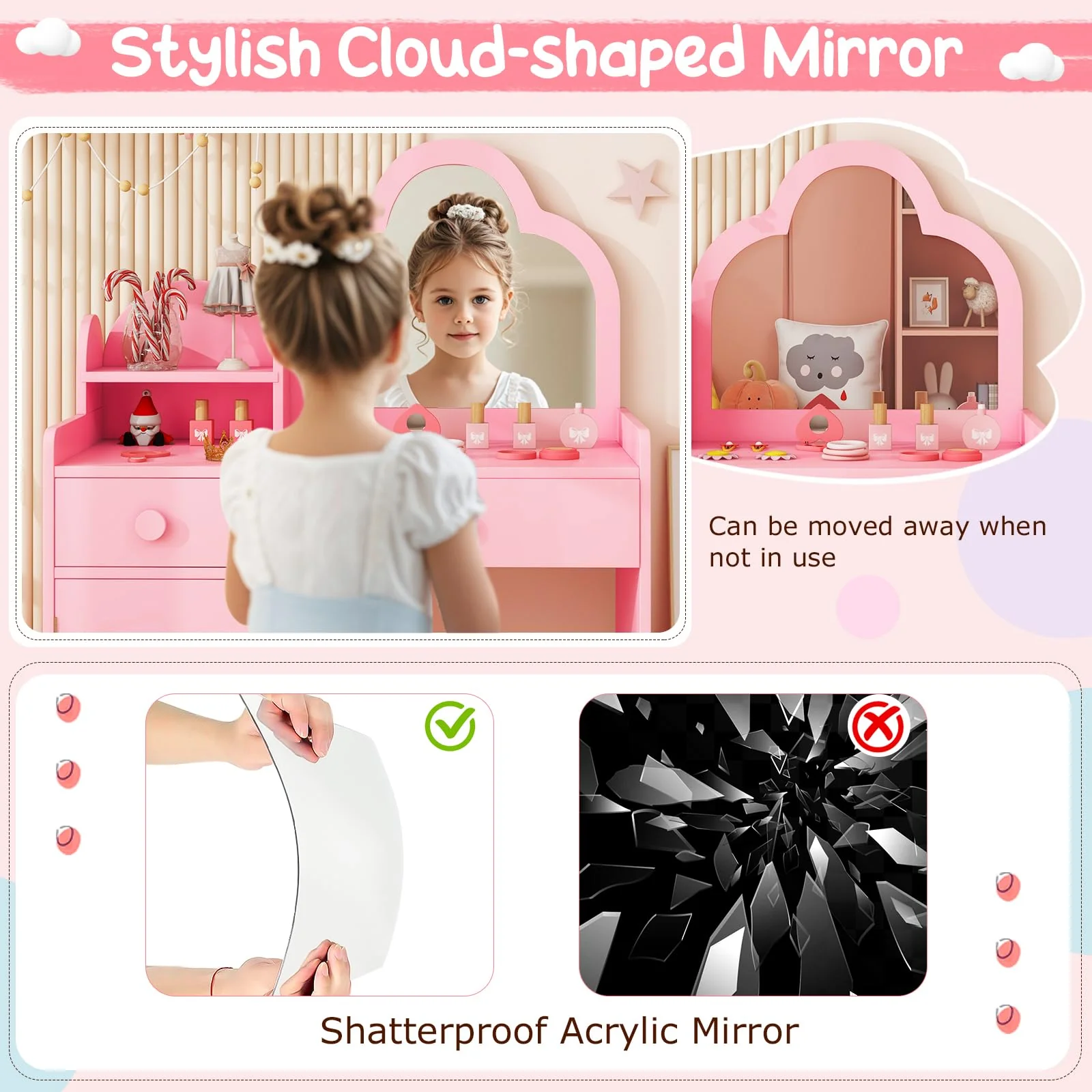 HONEY JOY 2-in-1 Kids Vanity Set w/Mirror, Princess Makeup Table w/Detachable Top, Chair - Image 4