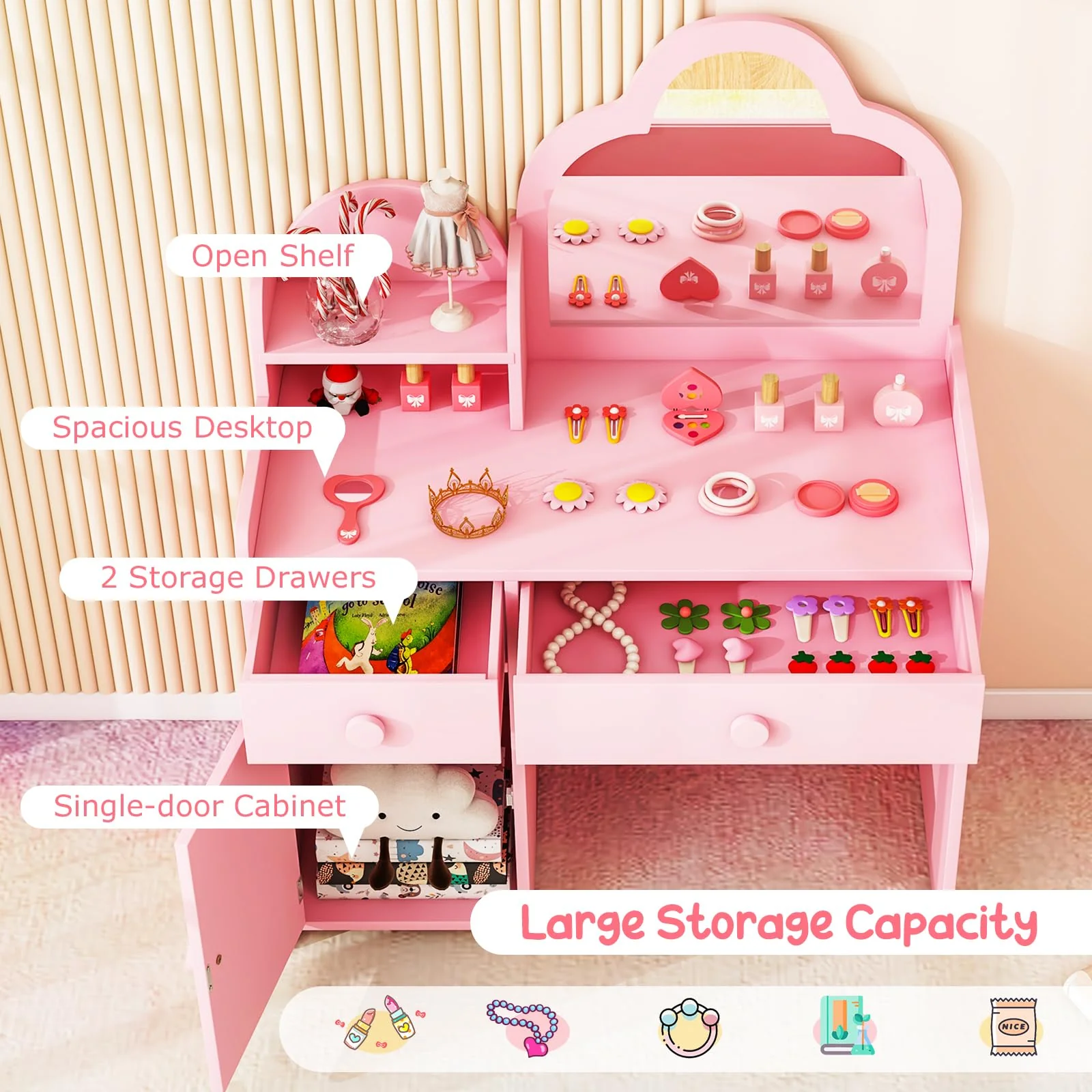 HONEY JOY 2-in-1 Kids Vanity Set w/Mirror, Princess Makeup Table w/Detachable Top, Chair - Image 5