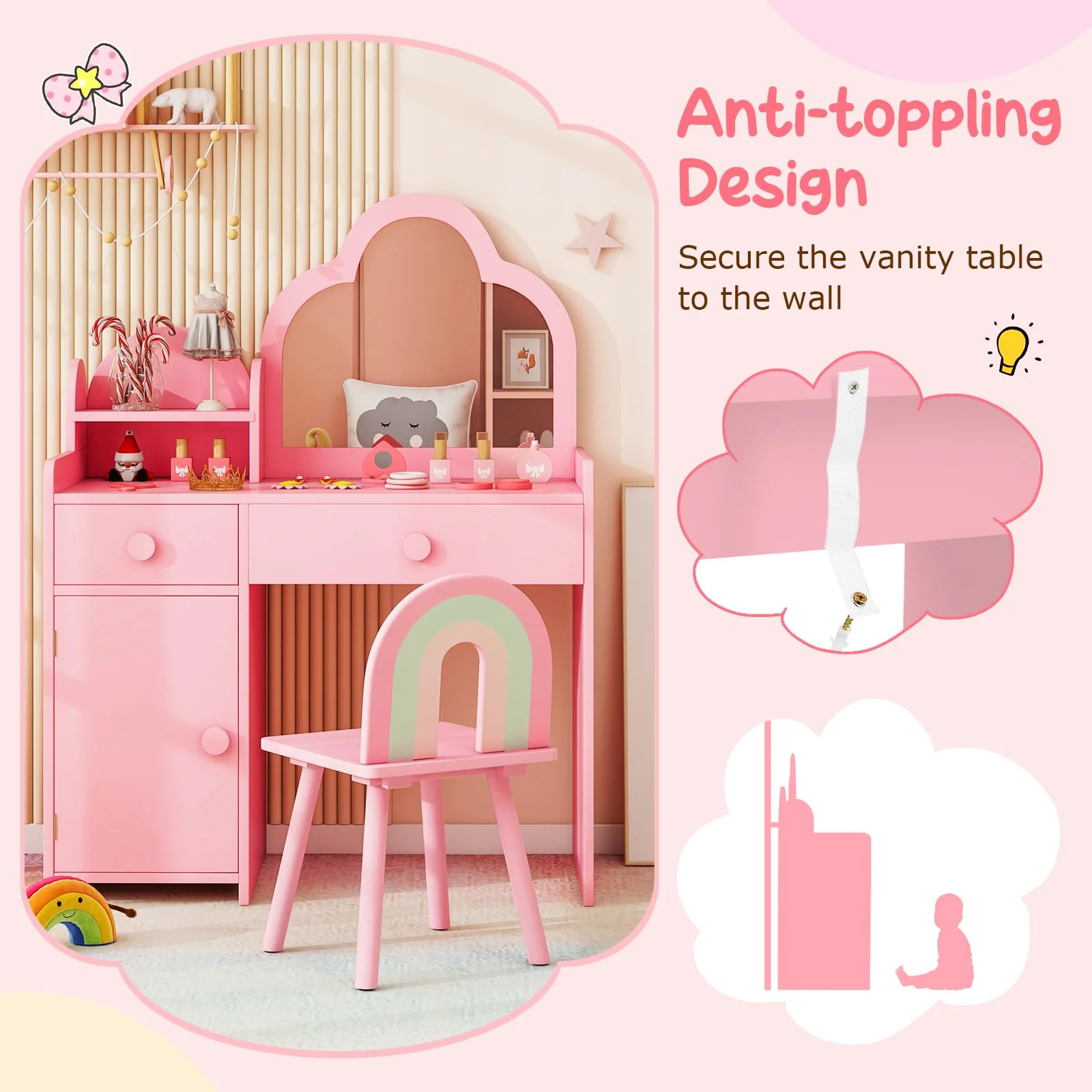 HONEY JOY 2-in-1 Kids Vanity Set w/Mirror, Princess Makeup Table w/Detachable Top, Chair - Image 6