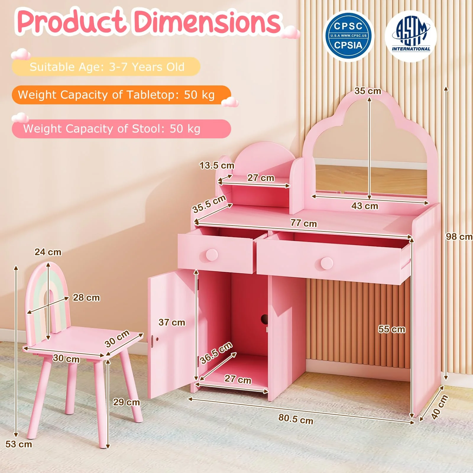 HONEY JOY 2-in-1 Kids Vanity Set w/Mirror, Princess Makeup Table w/Detachable Top, Chair - Image 7