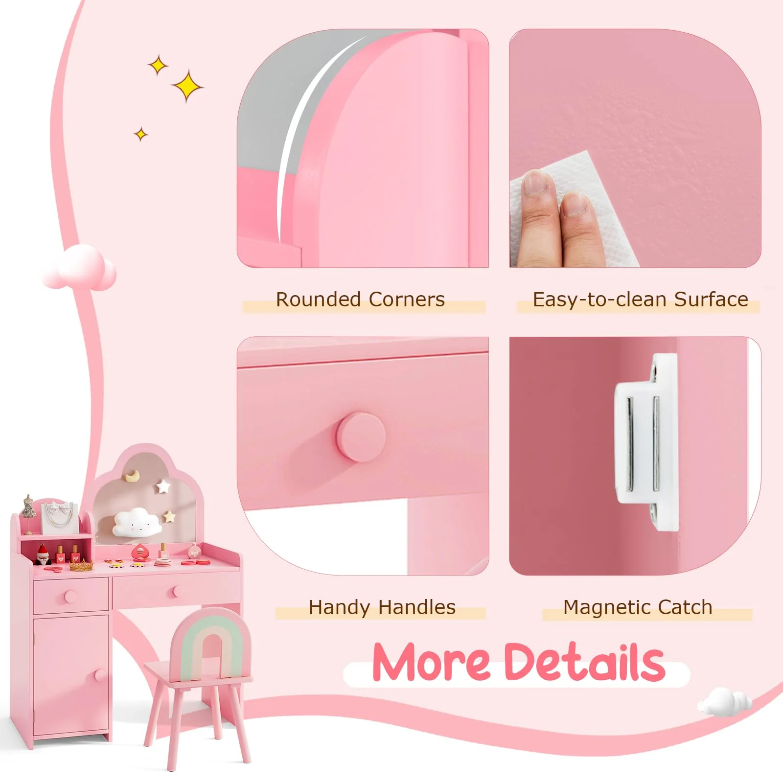 HONEY JOY 2-in-1 Kids Vanity Set w/Mirror, Princess Makeup Table w/Detachable Top, Chair - Image 9