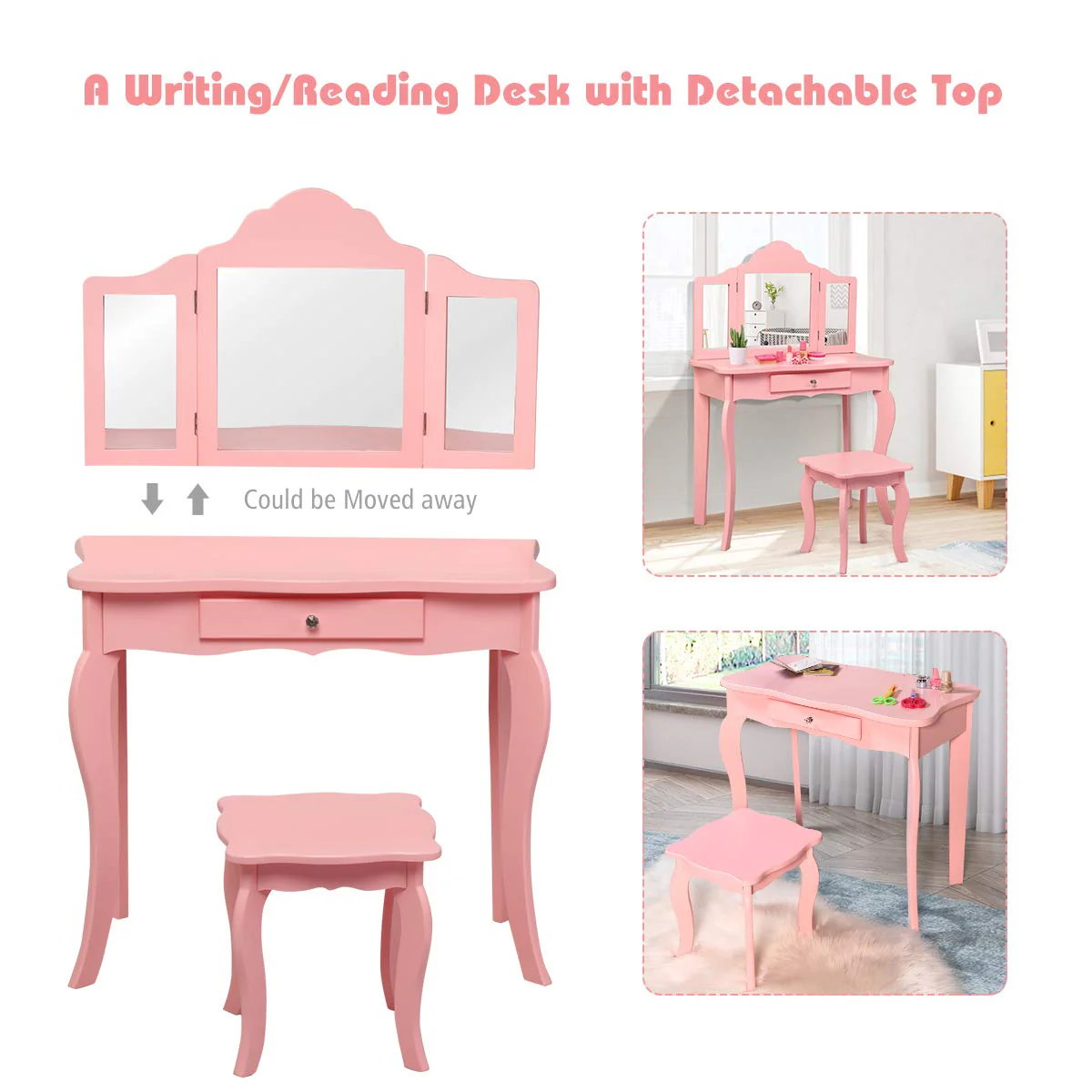 HONEY JOY 2 in 1 Kids Vanity Table & Chair Set, Princess Makeup Dressing Table with Drawer & Tri-Folding Mirror - Image 4