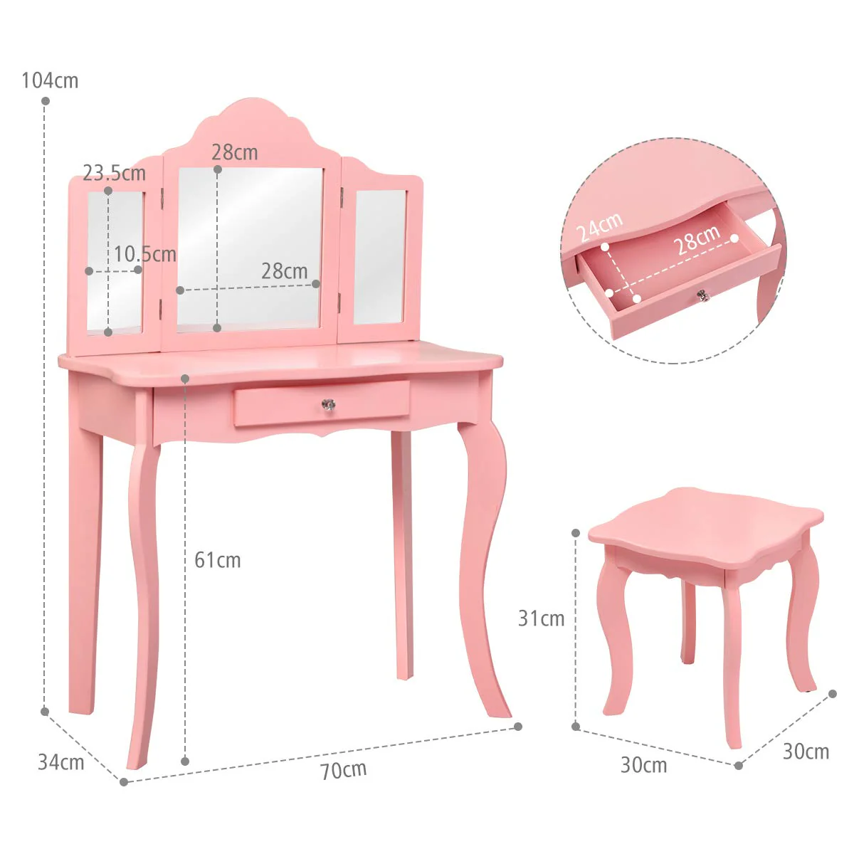 HONEY JOY 2 in 1 Kids Vanity Table & Chair Set, Princess Makeup Dressing Table with Drawer & Tri-Folding Mirror - Image 8