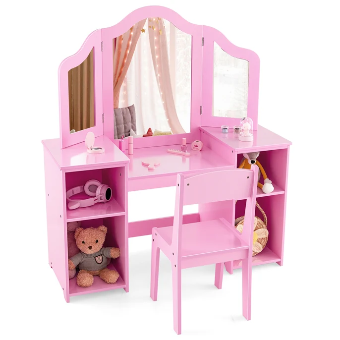 HONEY JOY 2 in 1 Kids Vanity Table & Chair Set, Princess Vanity Table with Removable Tri-fold Mirror - Image 10