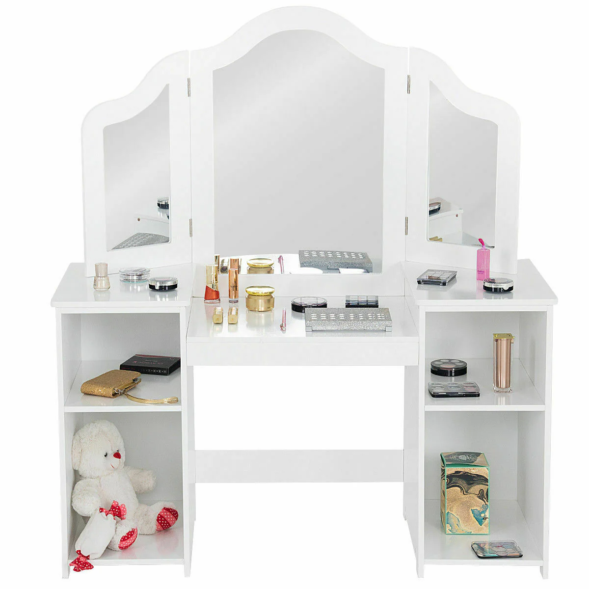 HONEY JOY 2 in 1 Kids Vanity Table & Chair Set, Princess Vanity Table with Removable Tri-fold Mirror - Image 11
