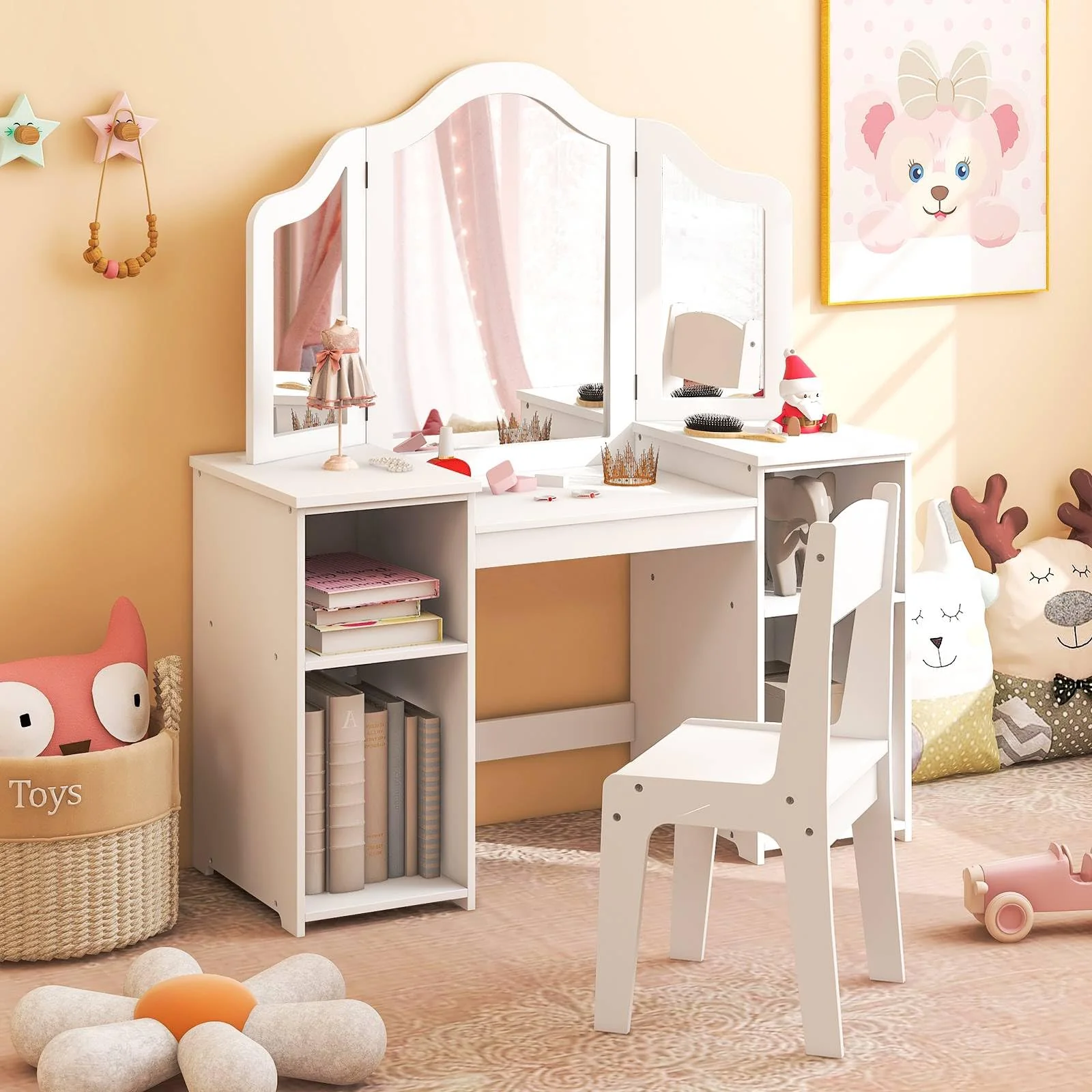 HONEY JOY 2 in 1 Kids Vanity Table & Chair Set, Princess Vanity Table with Removable Tri-fold Mirror - Image 2