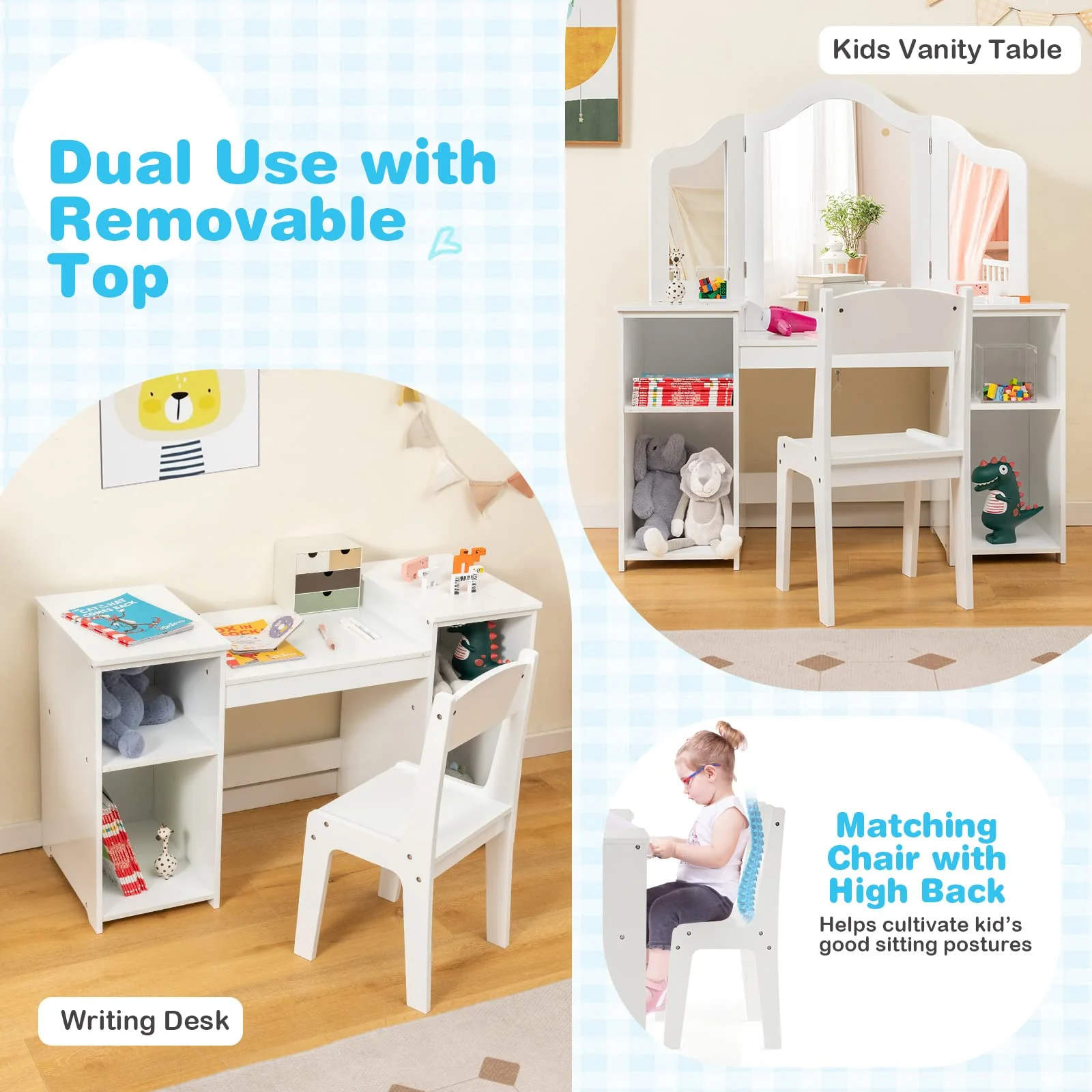 HONEY JOY 2 in 1 Kids Vanity Table & Chair Set, Princess Vanity Table with Removable Tri-fold Mirror - Image 3