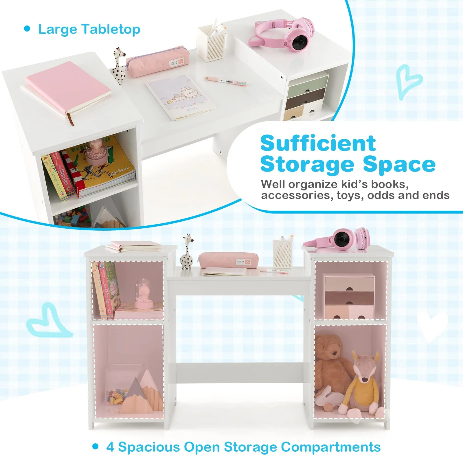 HONEY JOY 2 in 1 Kids Vanity Table & Chair Set, Princess Vanity Table with Removable Tri-fold Mirror - Image 4