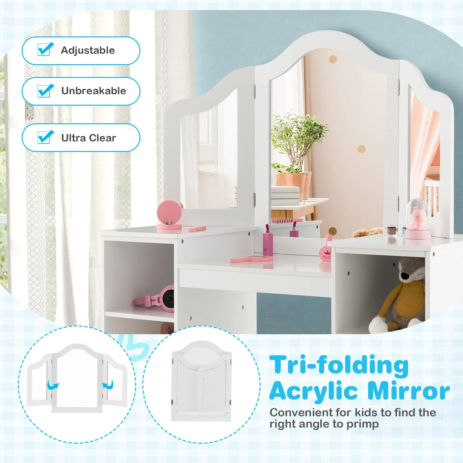 HONEY JOY 2 in 1 Kids Vanity Table & Chair Set, Princess Vanity Table with Removable Tri-fold Mirror - Image 5