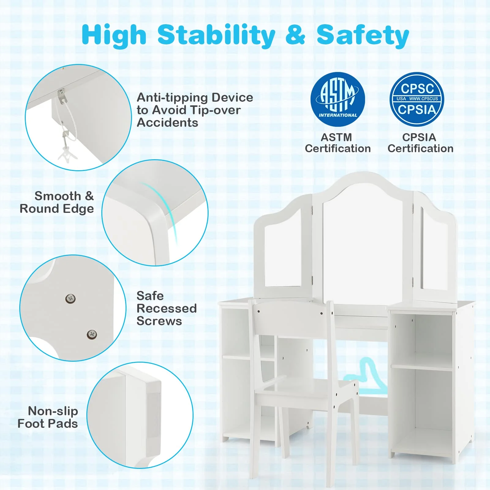 HONEY JOY 2 in 1 Kids Vanity Table & Chair Set, Princess Vanity Table with Removable Tri-fold Mirror - Image 6
