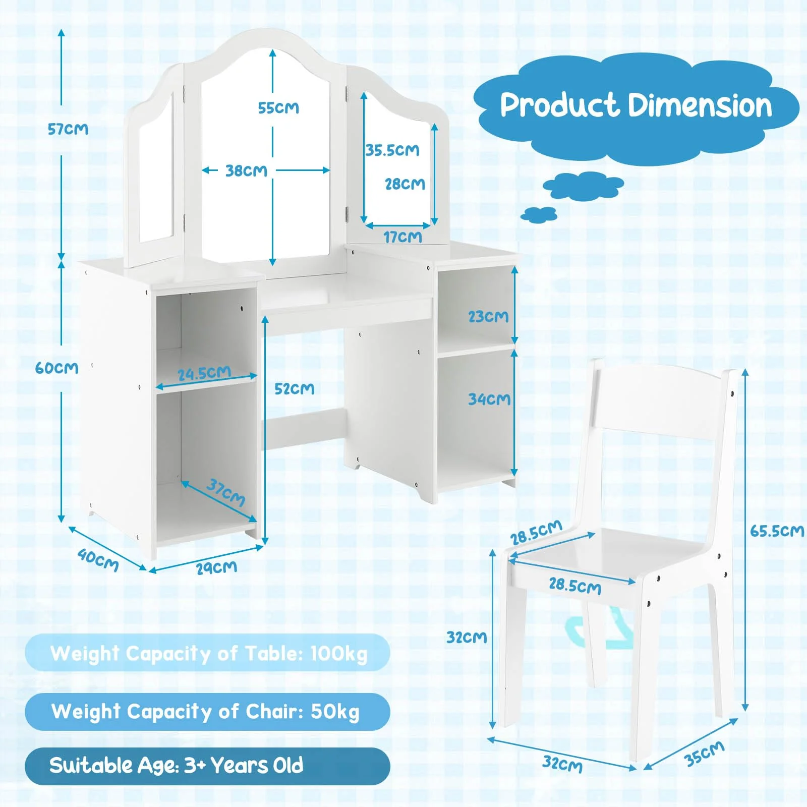 HONEY JOY 2 in 1 Kids Vanity Table & Chair Set, Princess Vanity Table with Removable Tri-fold Mirror - Image 7