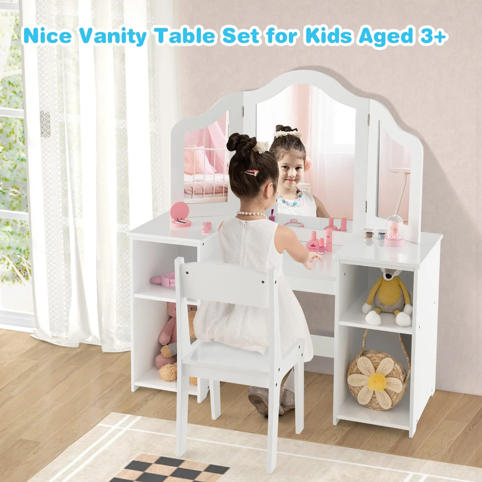 HONEY JOY 2 in 1 Kids Vanity Table & Chair Set, Princess Vanity Table with Removable Tri-fold Mirror - Image 8