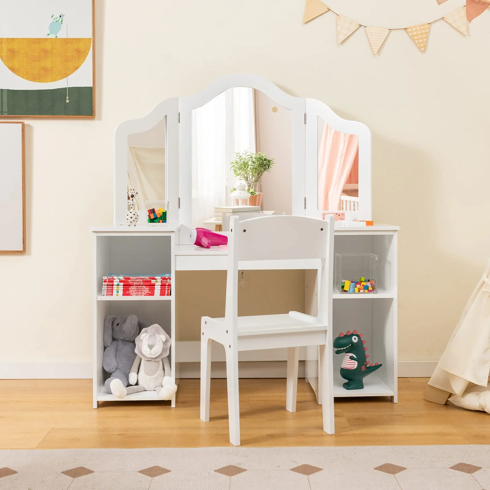 HONEY JOY 2 in 1 Kids Vanity Table & Chair Set, Princess Vanity Table with Removable Tri-fold Mirror - Image 9