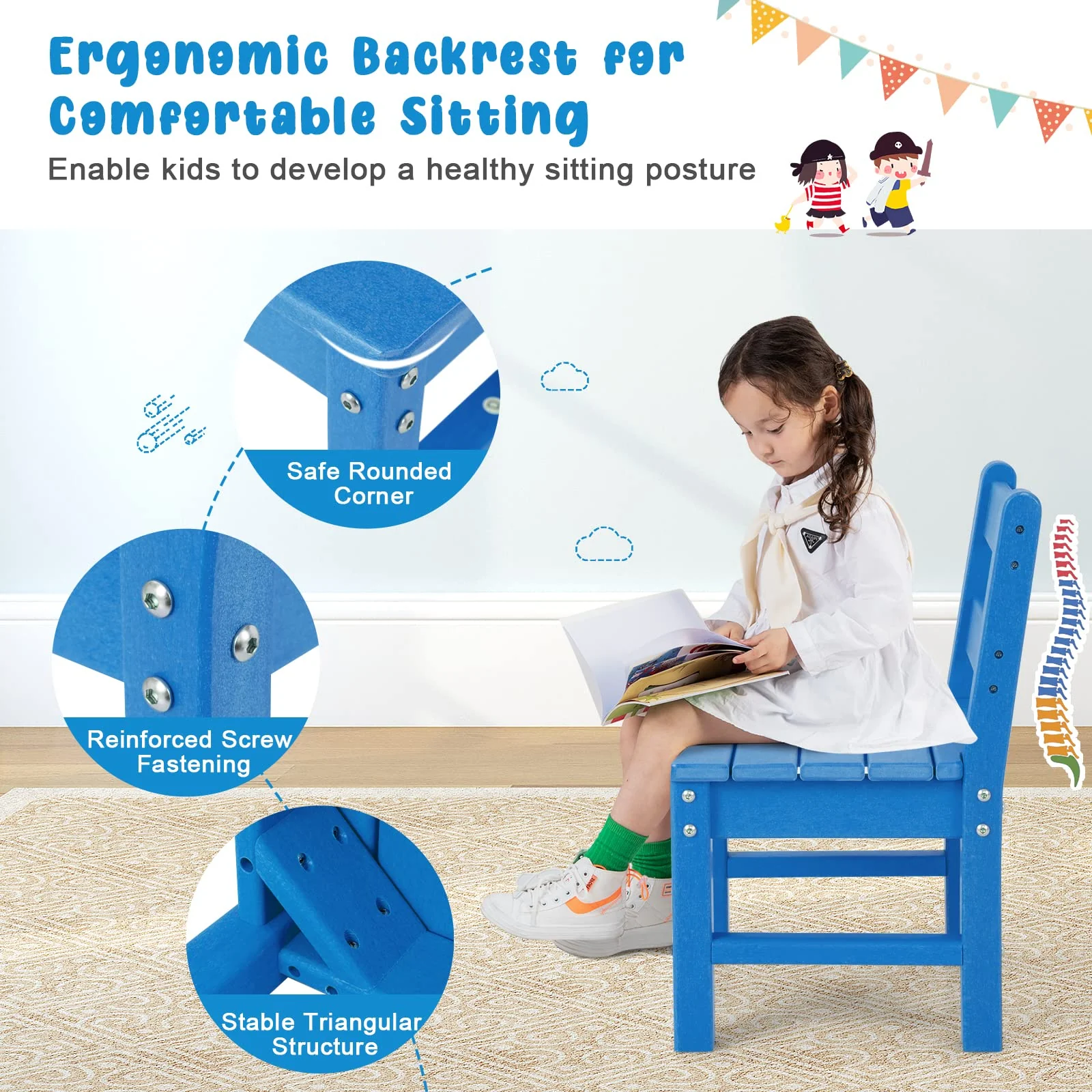 HONEY JOY 2 PCS Kids Chairs, Weather Resistant Heavy-Duty Children Learning Chair w/Backrest - Image 5