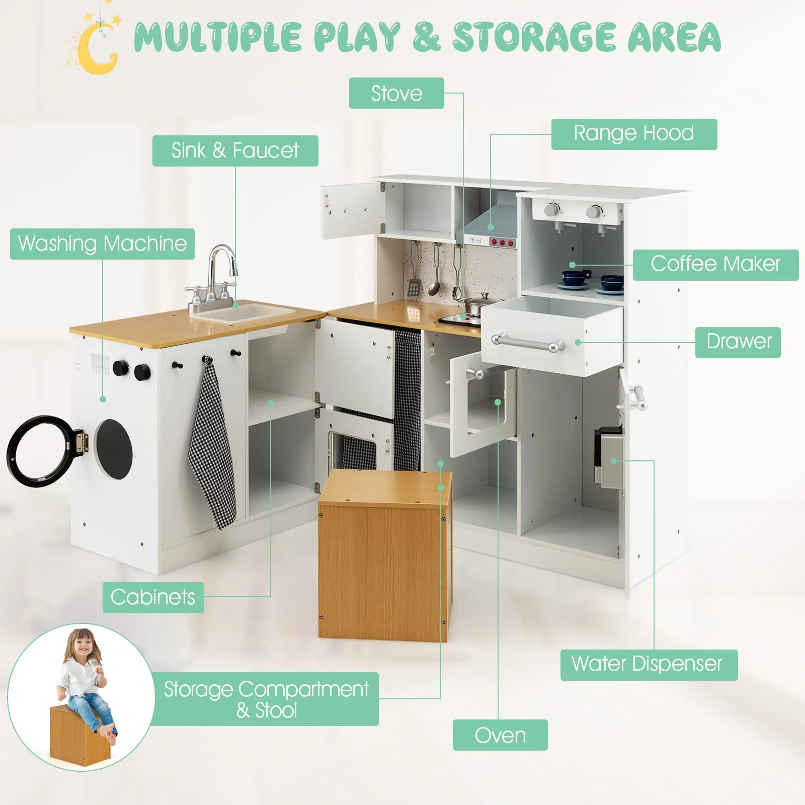 HONEY JOY 2-Piece Kids Kitchen Playset, Wooden Pretend Play Kitchen & Washing Machine Toy Set - Image 5