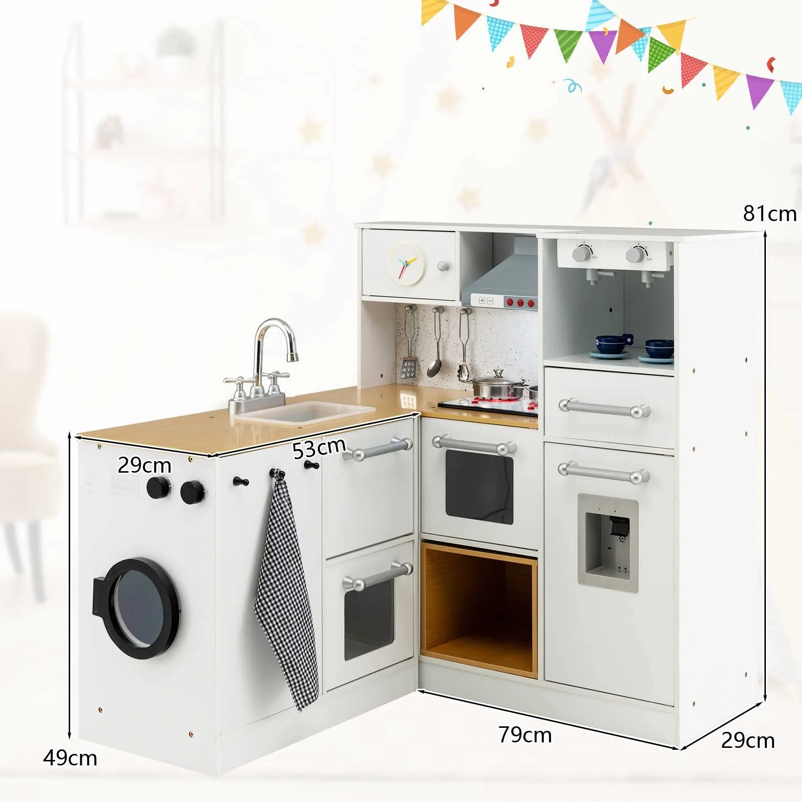 HONEY JOY 2-Piece Kids Kitchen Playset, Wooden Pretend Play Kitchen & Washing Machine Toy Set - Image 7