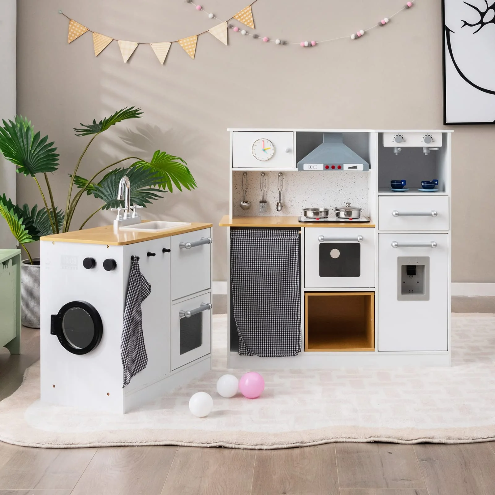 HONEY JOY 2-Piece Kids Kitchen Playset, Wooden Pretend Play Kitchen & Washing Machine Toy Set - Image 8