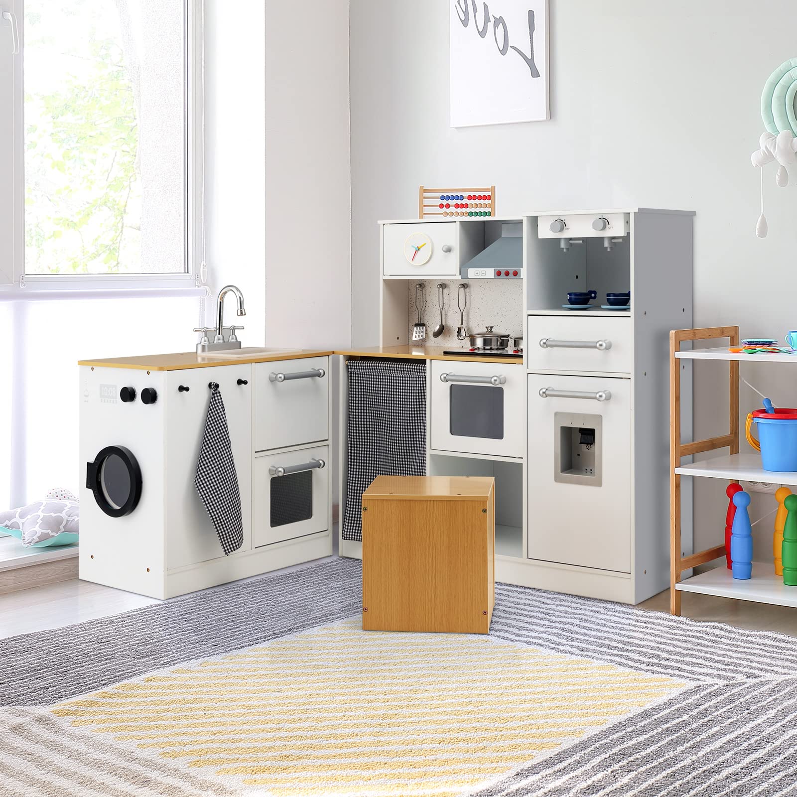 HONEY JOY 2-Piece Kids Kitchen Playset, Wooden Pretend Play Kitchen & Washing Machine Toy Set - Image 9