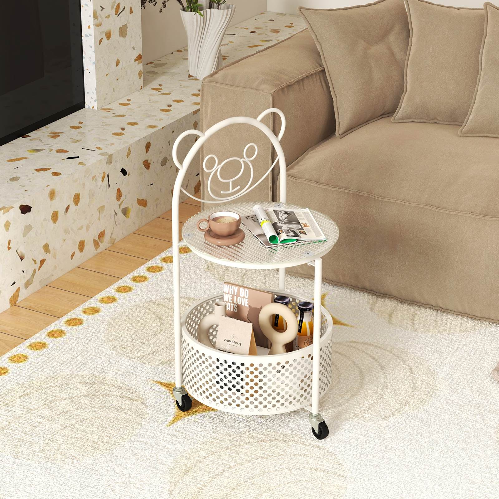 HONEY JOY 2-Tier Round End Table Storage Side Table Bedroom w/Lockable Wheels - Image 2