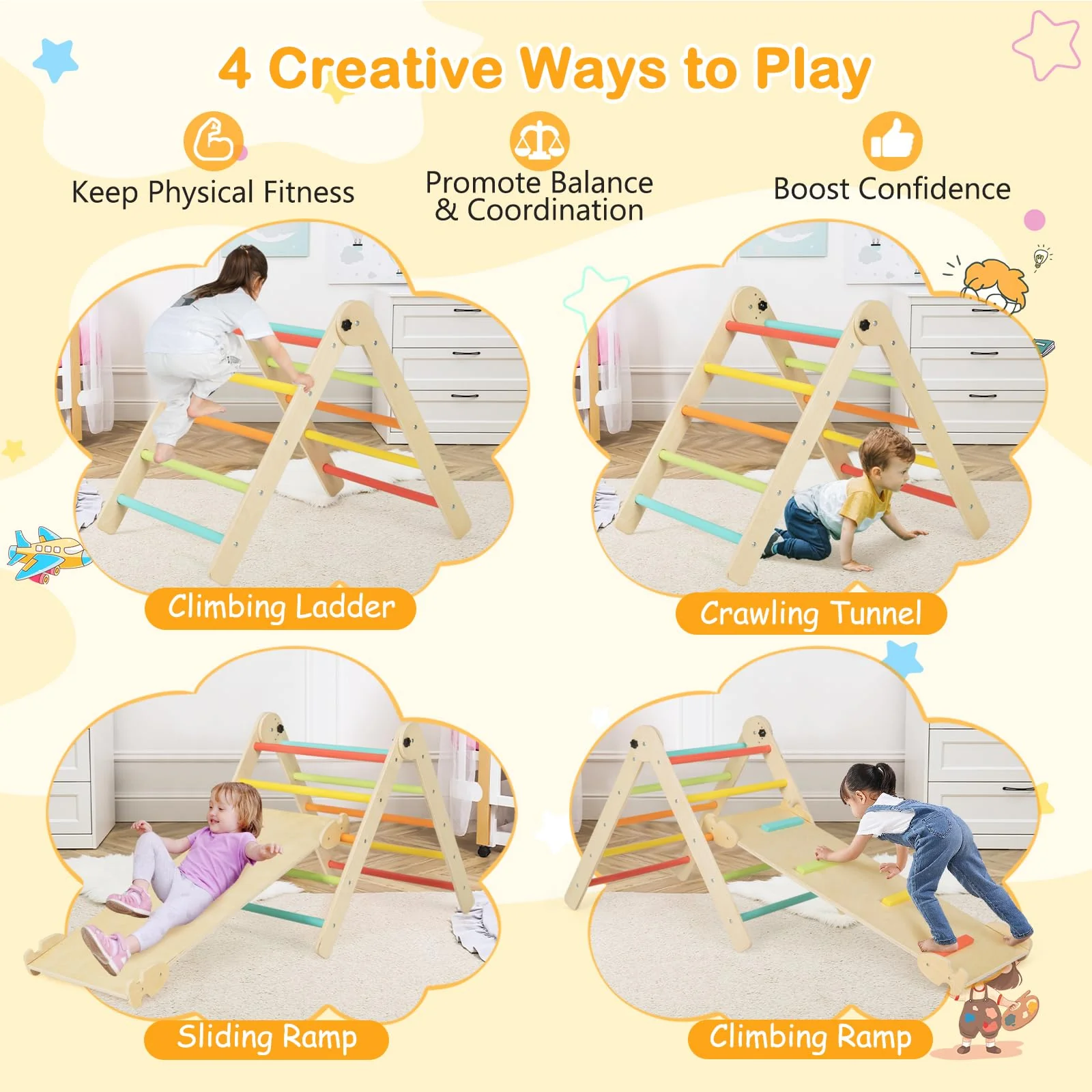 HONEY JOY 3-in-1 Foldable Triangular Climbing Toys, Height Adjustable Pikler Triangle & Sliding Set for Toddlers - Image 4