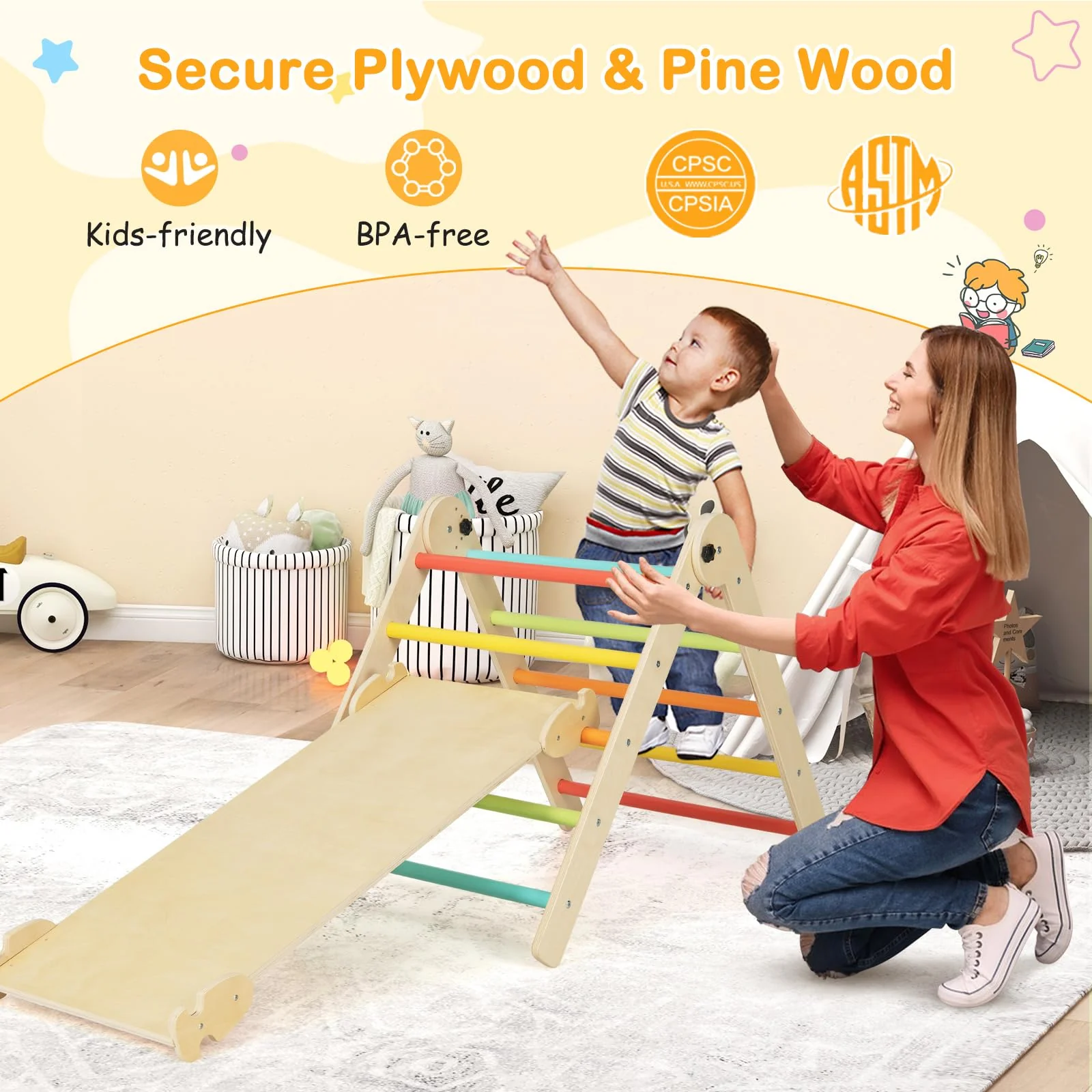 HONEY JOY 3-in-1 Foldable Triangular Climbing Toys, Height Adjustable Pikler Triangle & Sliding Set for Toddlers - Image 5