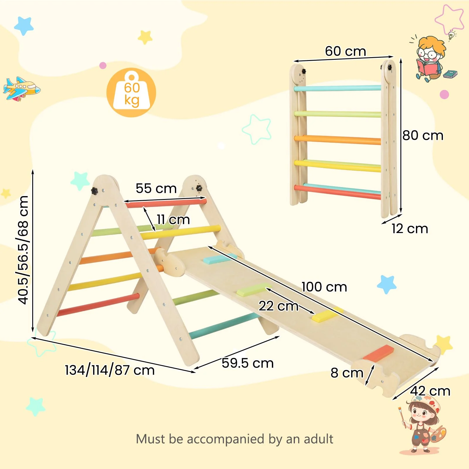 HONEY JOY 3-in-1 Foldable Triangular Climbing Toys, Height Adjustable Pikler Triangle & Sliding Set for Toddlers - Image 6
