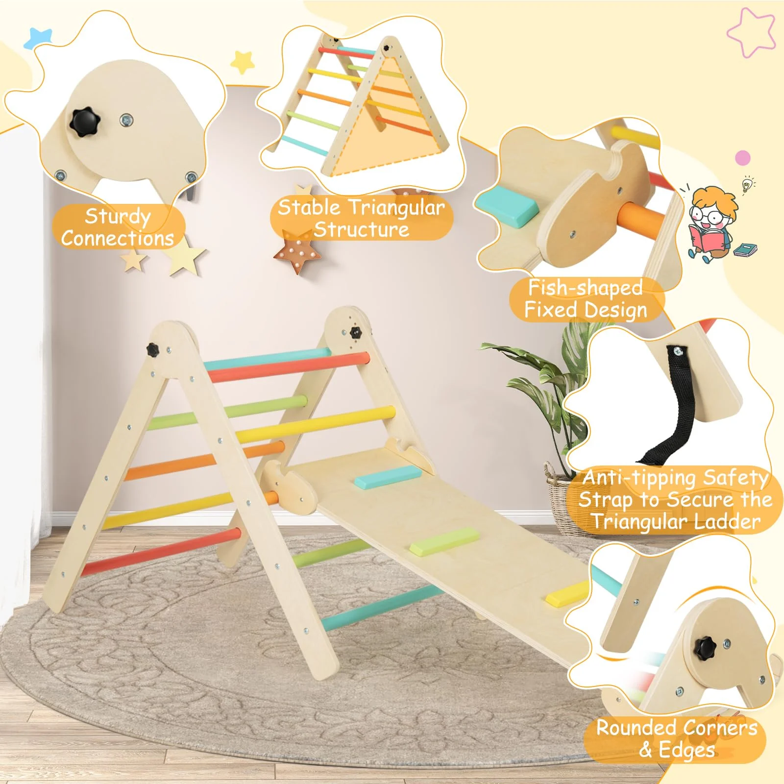 HONEY JOY 3-in-1 Foldable Triangular Climbing Toys, Height Adjustable Pikler Triangle & Sliding Set for Toddlers - Image 7
