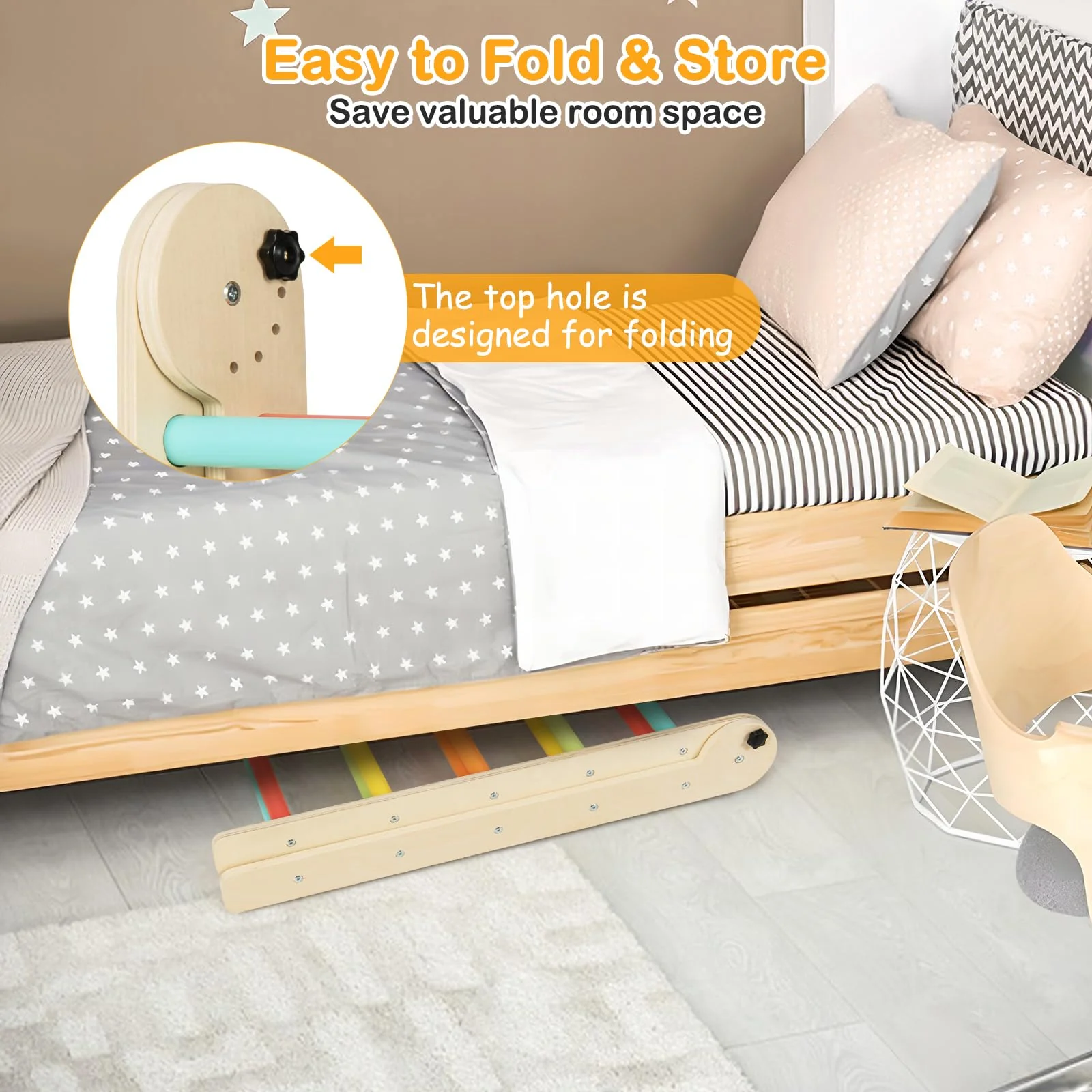 HONEY JOY 3-in-1 Foldable Triangular Climbing Toys, Height Adjustable Pikler Triangle & Sliding Set for Toddlers - Image 8