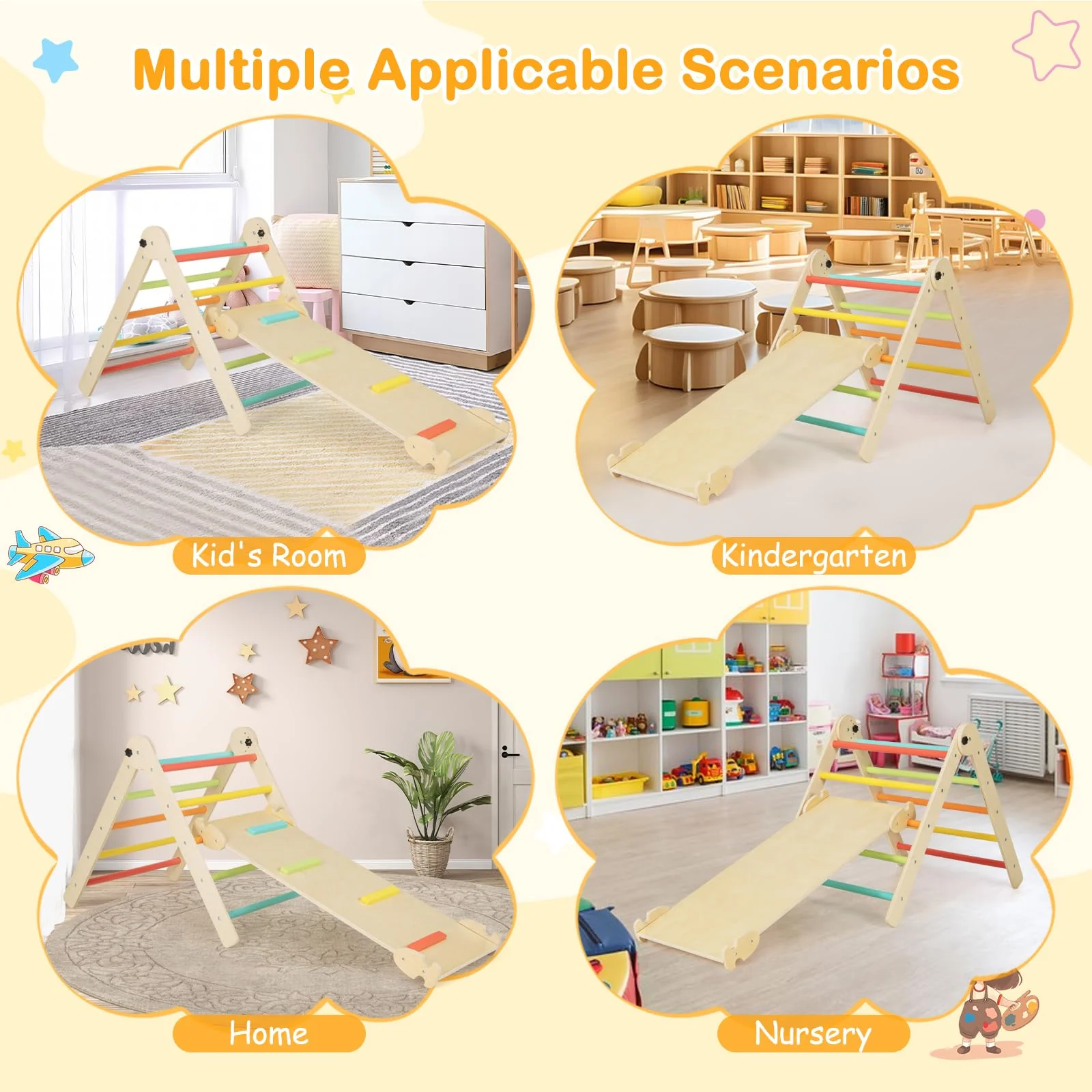 HONEY JOY 3-in-1 Foldable Triangular Climbing Toys, Height Adjustable Pikler Triangle & Sliding Set for Toddlers - Image 9