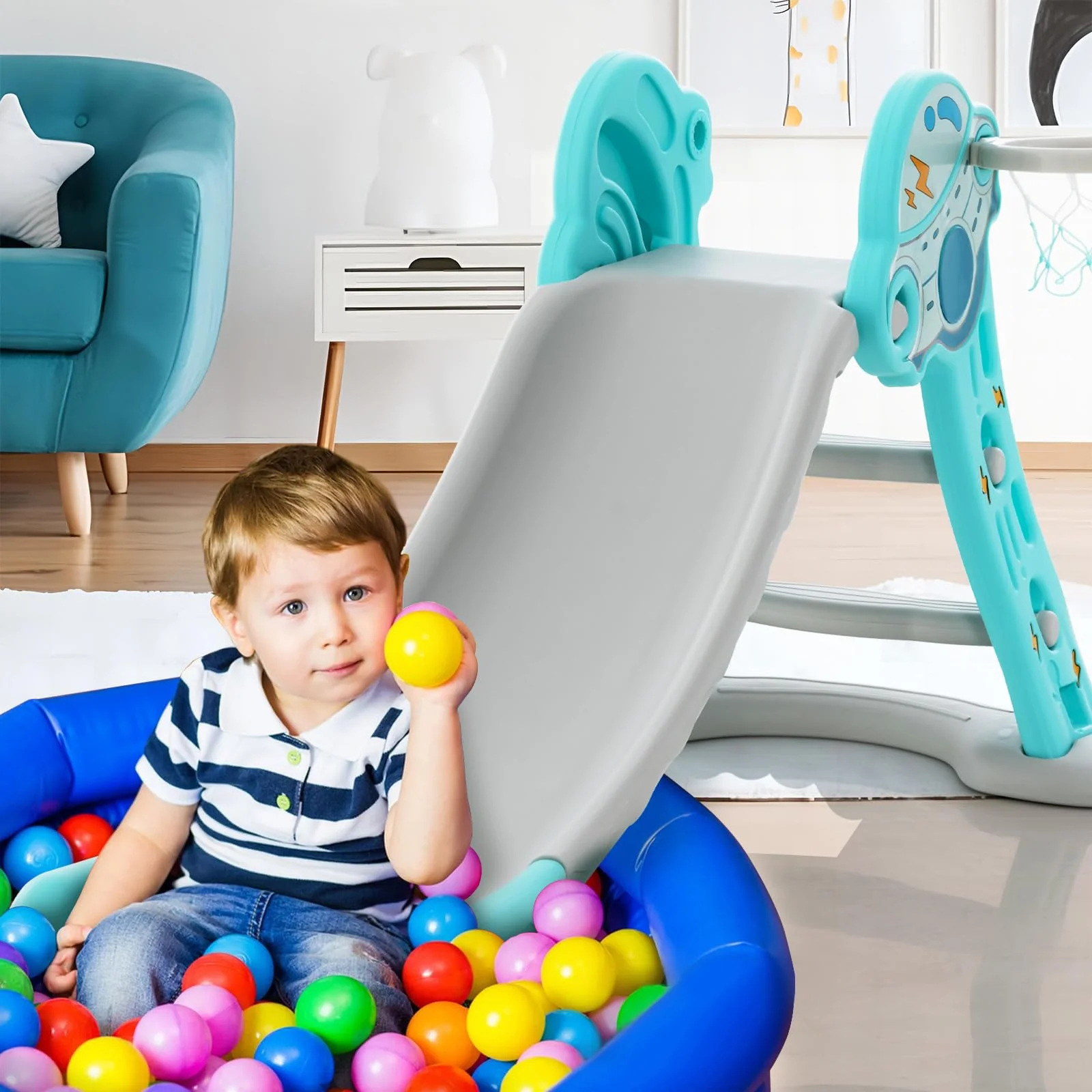 HONEY JOY 3-in-1 Indoor Slide for Kids, Folding Slide Playset with Basketball Hoop & Small Basketball - Image 8