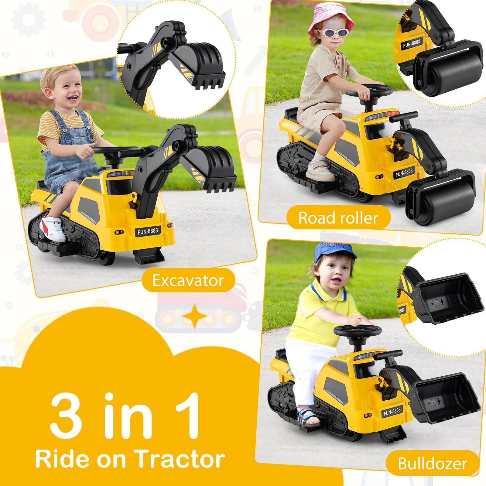 HONEY JOY 3-in-1 Kid Ride on Tractor w/Adjustable Arms, Electric Excavator Bulldozer Toy Road Roller w/Music - Image 2