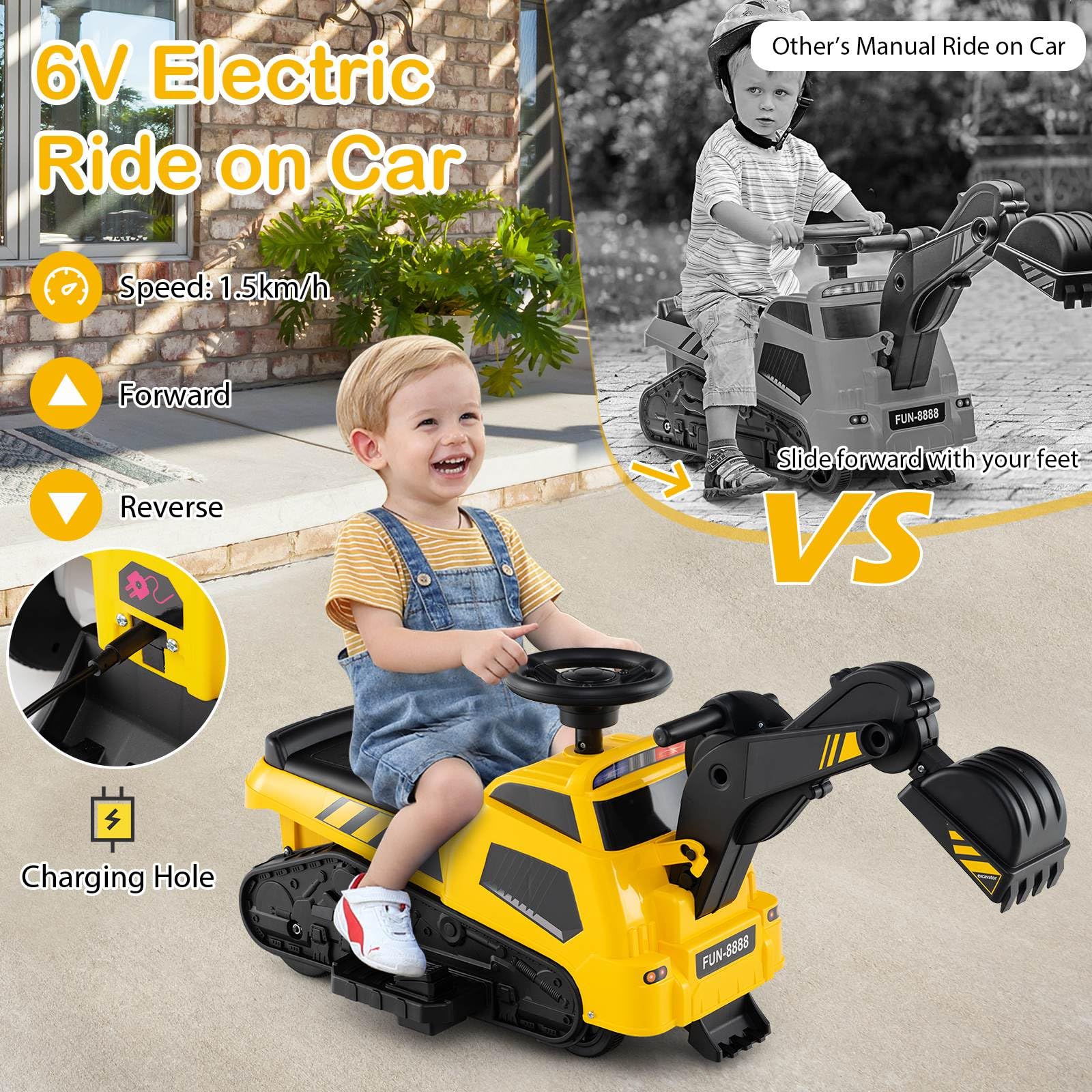 HONEY JOY 3-in-1 Kid Ride on Tractor w/Adjustable Arms, Electric Excavator Bulldozer Toy Road Roller w/Music - Image 3