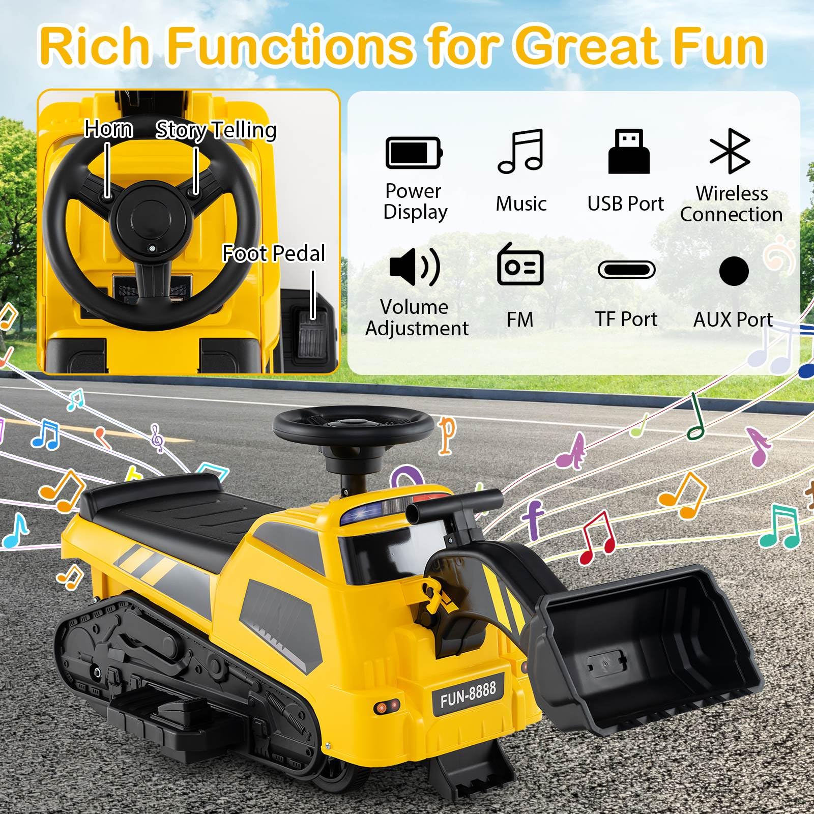 HONEY JOY 3-in-1 Kid Ride on Tractor w/Adjustable Arms, Electric Excavator Bulldozer Toy Road Roller w/Music - Image 4