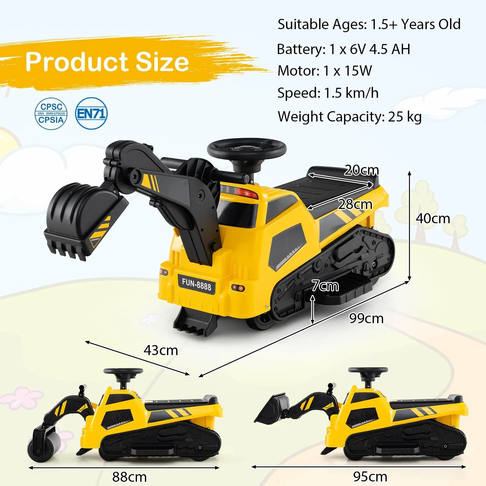 HONEY JOY 3-in-1 Kid Ride on Tractor w/Adjustable Arms, Electric Excavator Bulldozer Toy Road Roller w/Music - Image 5