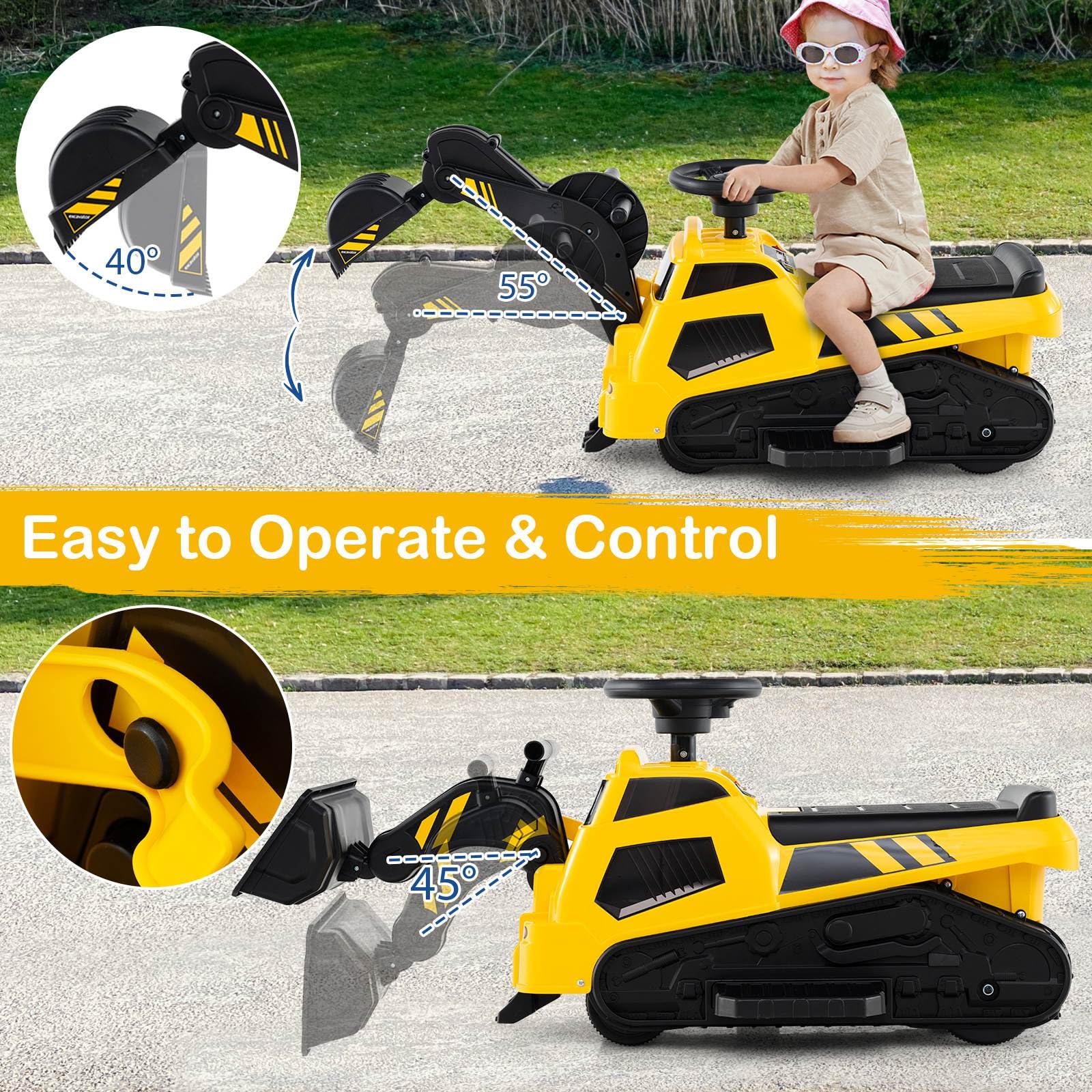 HONEY JOY 3-in-1 Kid Ride on Tractor w/Adjustable Arms, Electric Excavator Bulldozer Toy Road Roller w/Music - Image 6