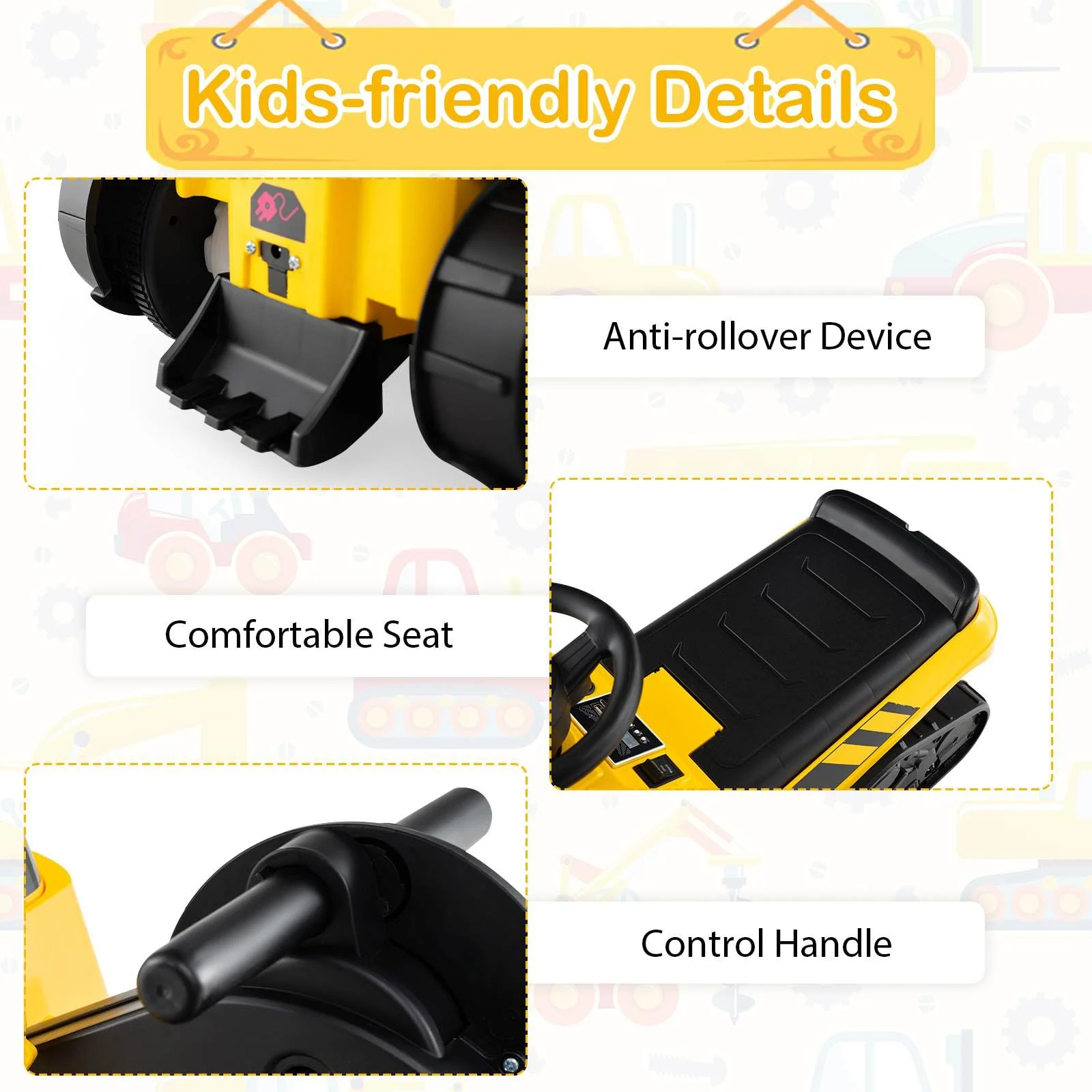 HONEY JOY 3-in-1 Kid Ride on Tractor w/Adjustable Arms, Electric Excavator Bulldozer Toy Road Roller w/Music - Image 7