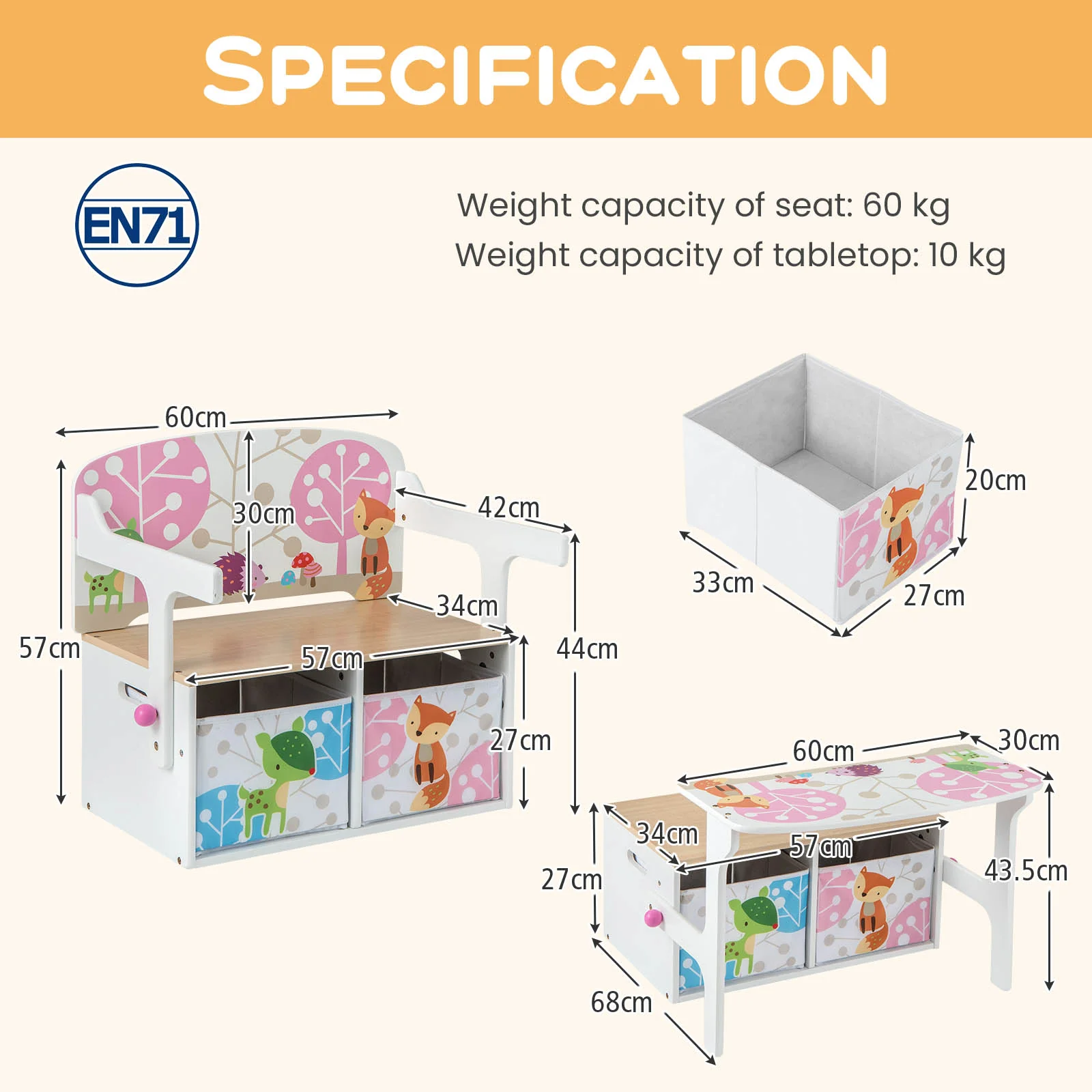 HONEY JOY 3 in 1 Kids Convertible Activity Bench, Children Table & Chair Set - Image 6