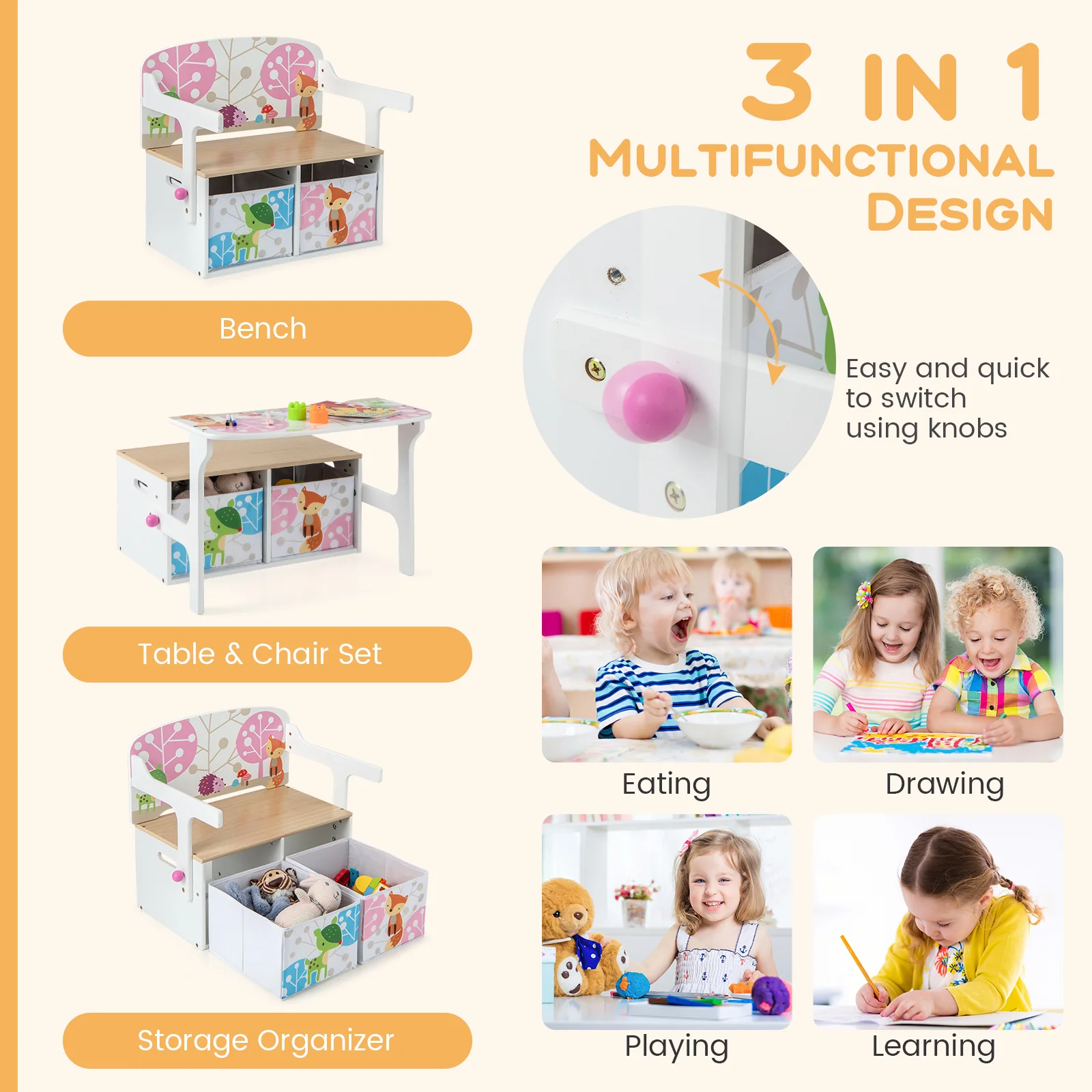 HONEY JOY 3 in 1 Kids Convertible Activity Bench, Children Table & Chair Set - Image 7
