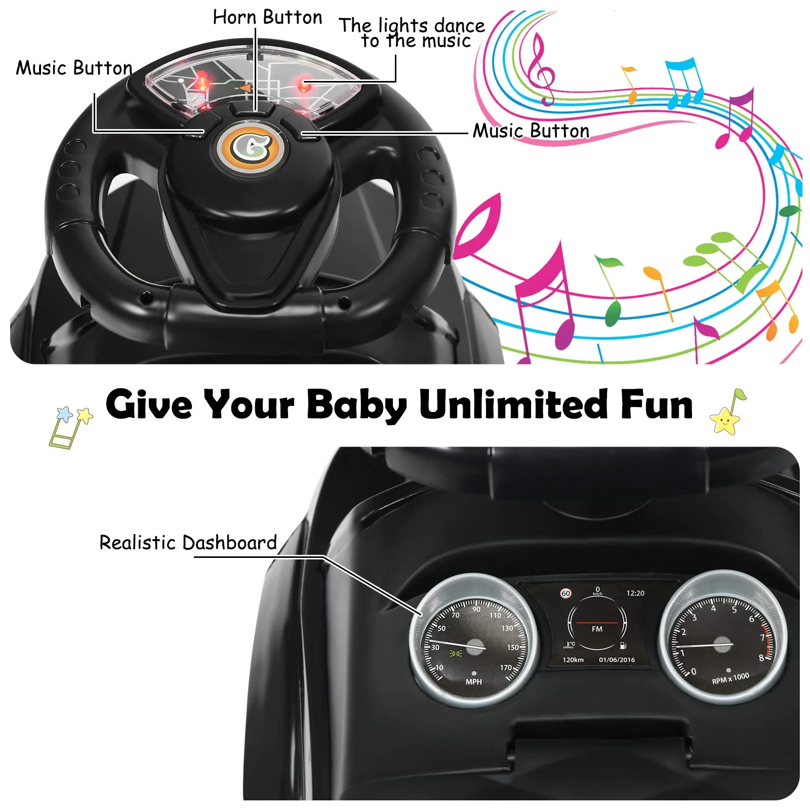 HONEY JOY 3 in 1 Kids Ride On Push Car, Stroller Sliding Walking Car with Horn, Music, Light - Image 3