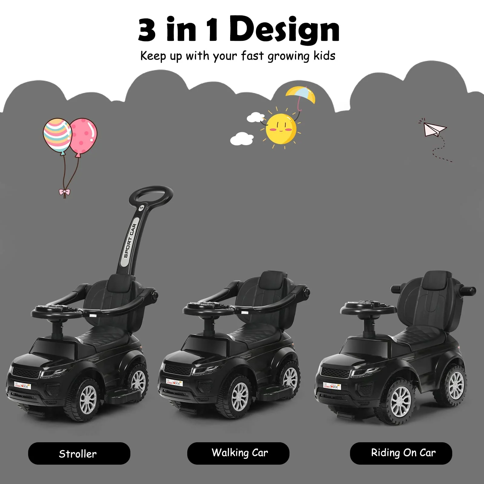 HONEY JOY 3 in 1 Kids Ride On Push Car, Stroller Sliding Walking Car with Horn, Music, Light - Image 9