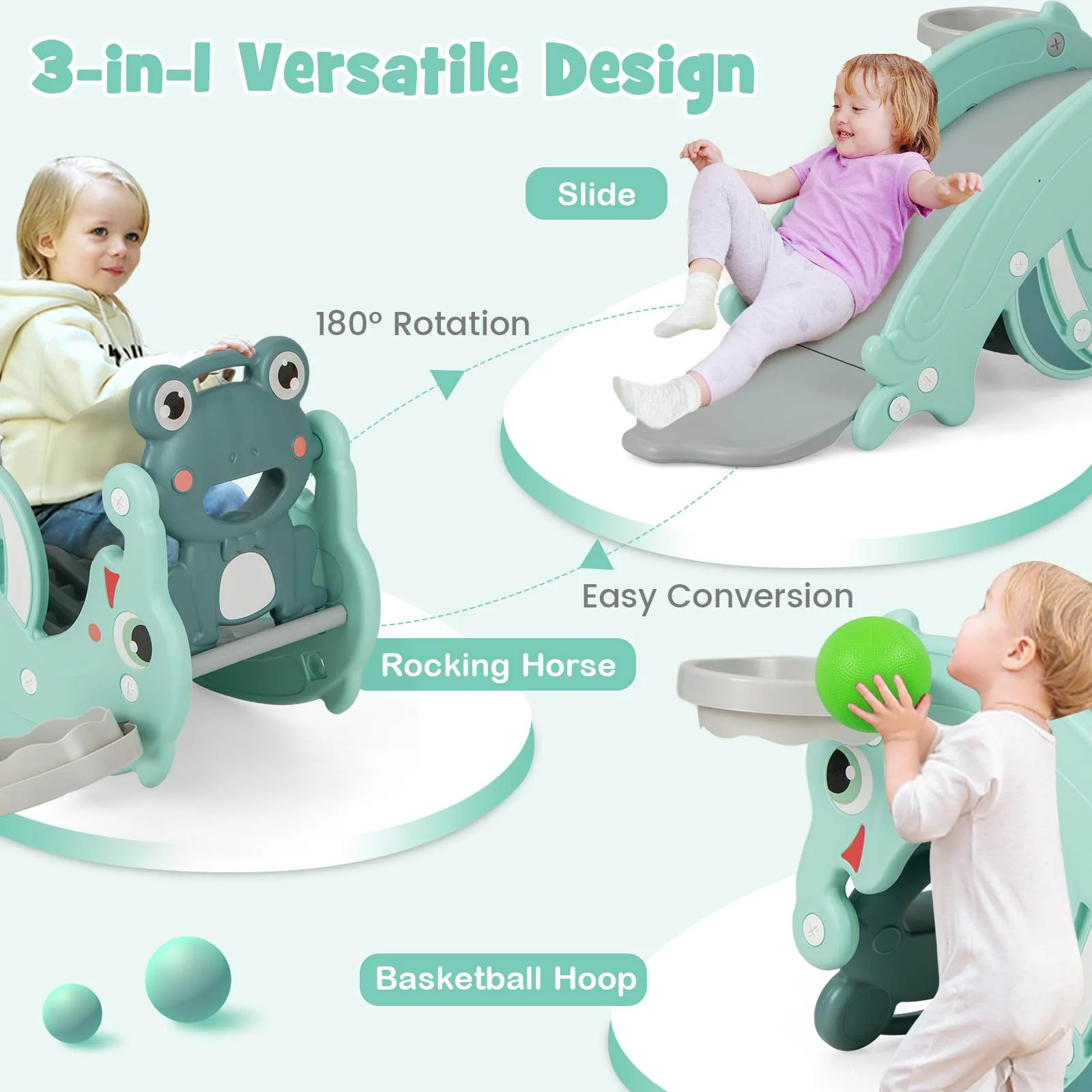 HONEY JOY 3-in-1 Kids Slide Rocking Horse Set with Basketball Hoop Indoor Gift - Image 3
